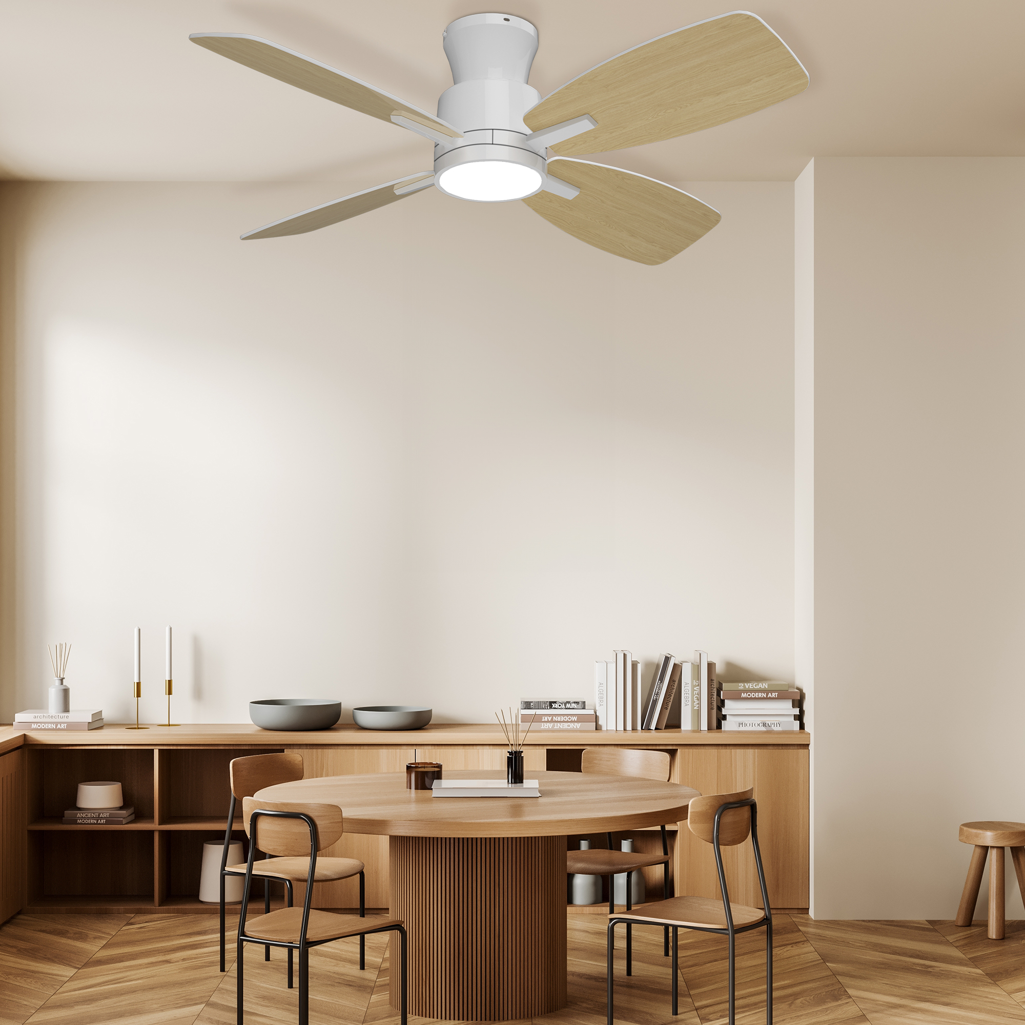 Ceiling Fans with Lights,42 inch Flush Mount Ceiling Fan with Night Light,Quiet Reversible DC Motor Dimmable Lighting Modern Low Profile Ceiling Fan with Light White