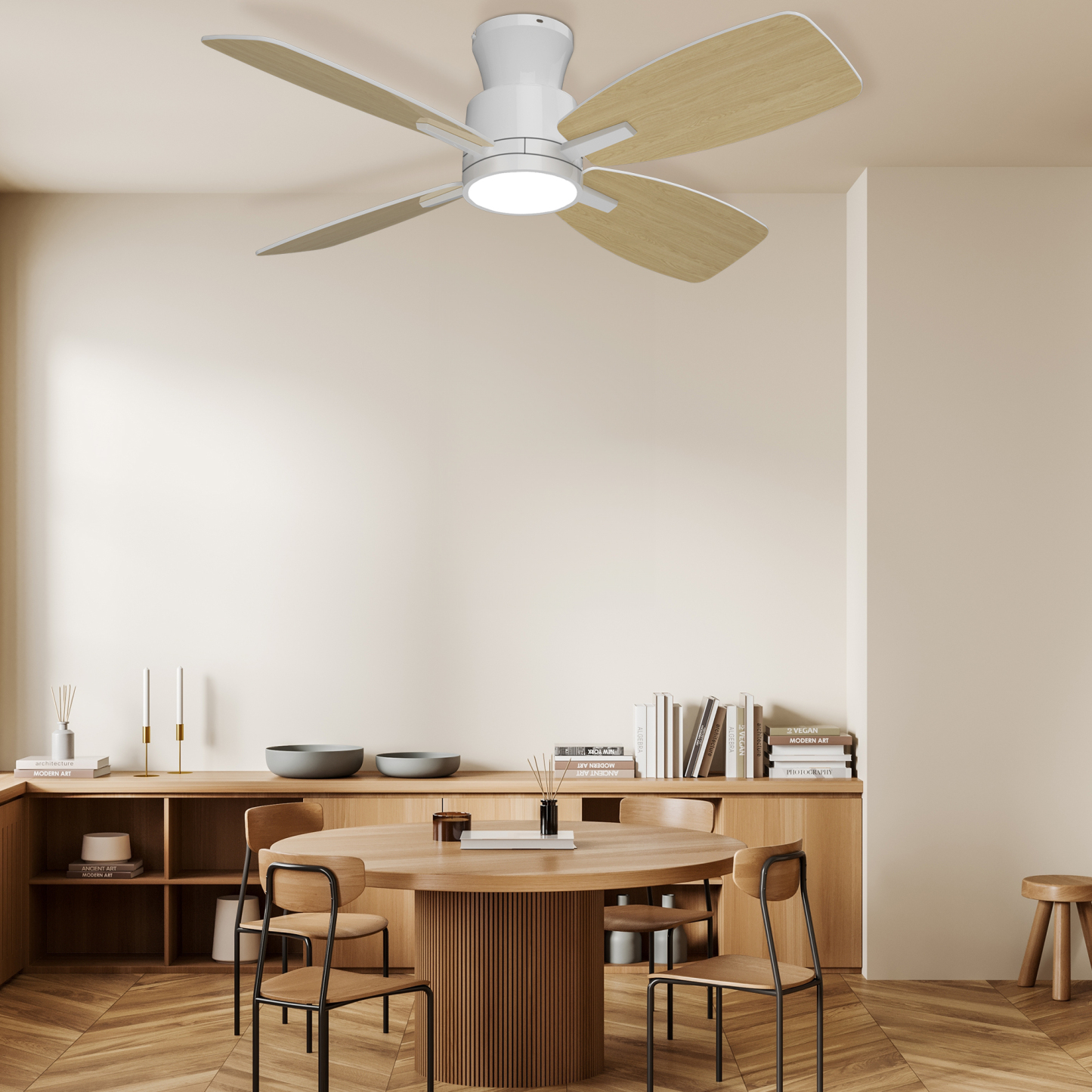 Ceiling Fans with Lights,42 inch Flush Mount Ceiling Fan with Night Light,Quiet Reversible DC Motor Dimmable Lighting Modern Low Profile Ceiling Fan with Light White