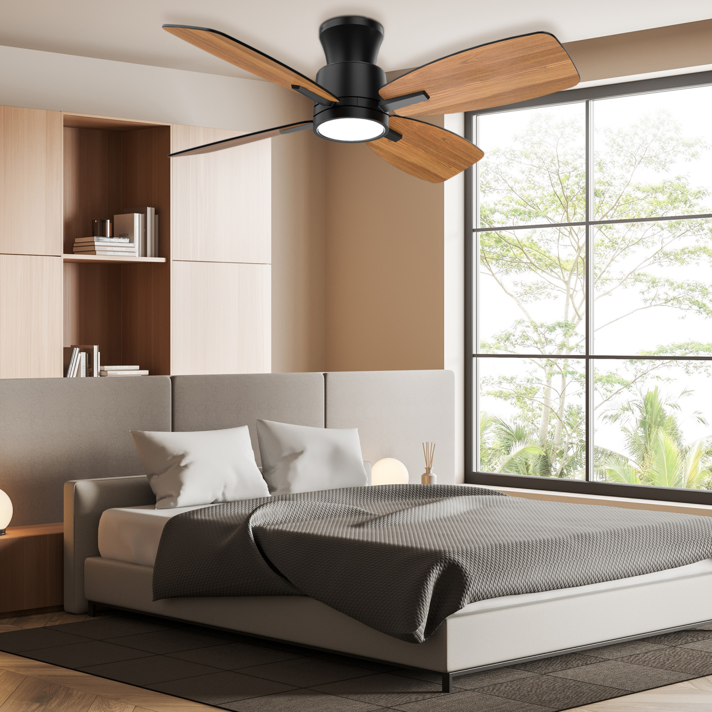 Ceiling Fans with Lights,42 inch Flush Mount Ceiling Fan with Night Light,Quiet Reversible DC Motor Dimmable Lighting Modern Low Profile Ceiling Fan with Light Black