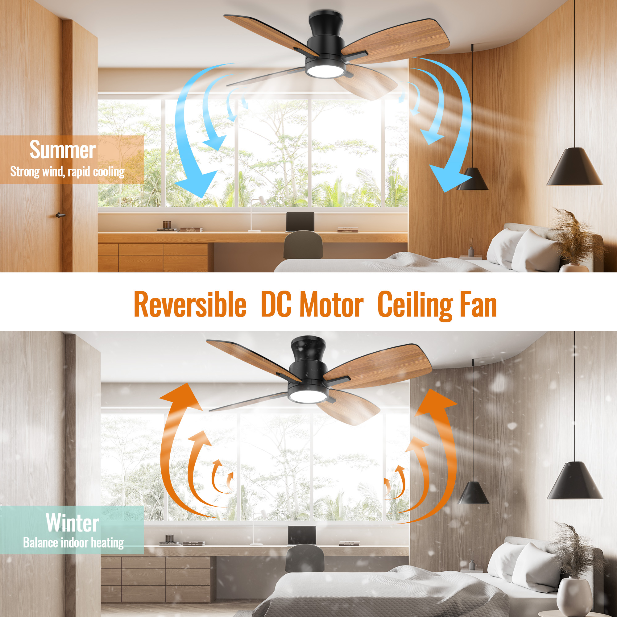 Ceiling Fans with Lights,42 inch Flush Mount Ceiling Fan with Night Light,Quiet Reversible DC Motor Dimmable Lighting Modern Low Profile Ceiling Fan with Light Black