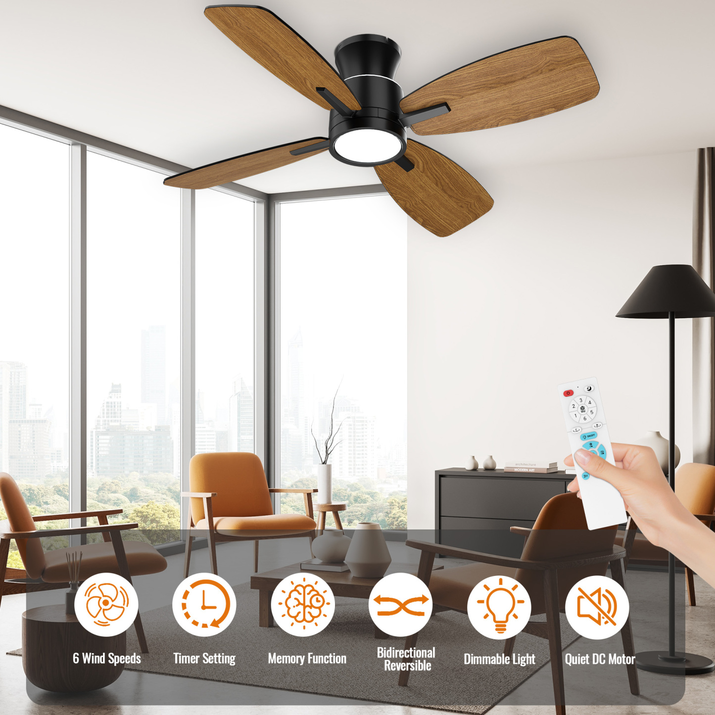 Ceiling Fans with Lights,42 inch Flush Mount Ceiling Fan with Night Light,Quiet Reversible DC Motor Dimmable Lighting Modern Low Profile Ceiling Fan with Light Black