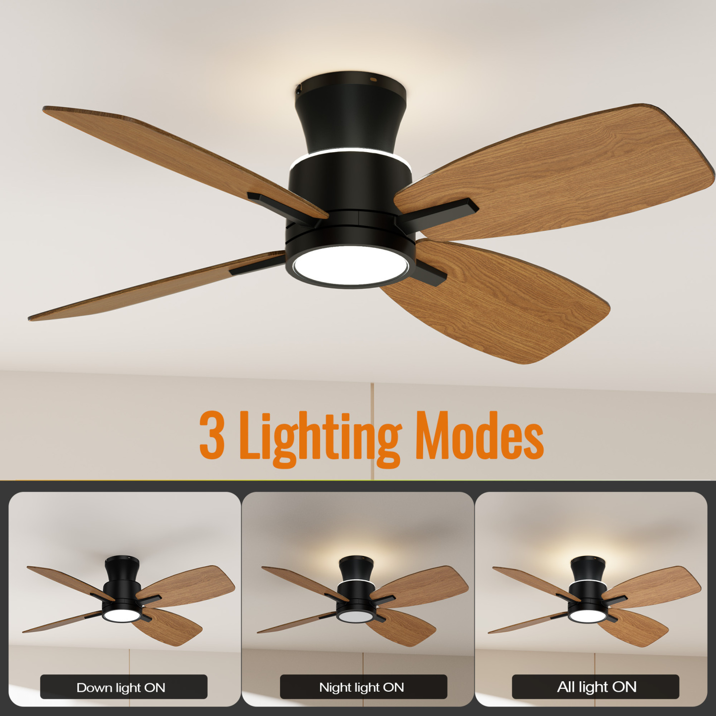 Ceiling Fans with Lights,42 inch Flush Mount Ceiling Fan with Night Light,Quiet Reversible DC Motor Dimmable Lighting Modern Low Profile Ceiling Fan with Light Black