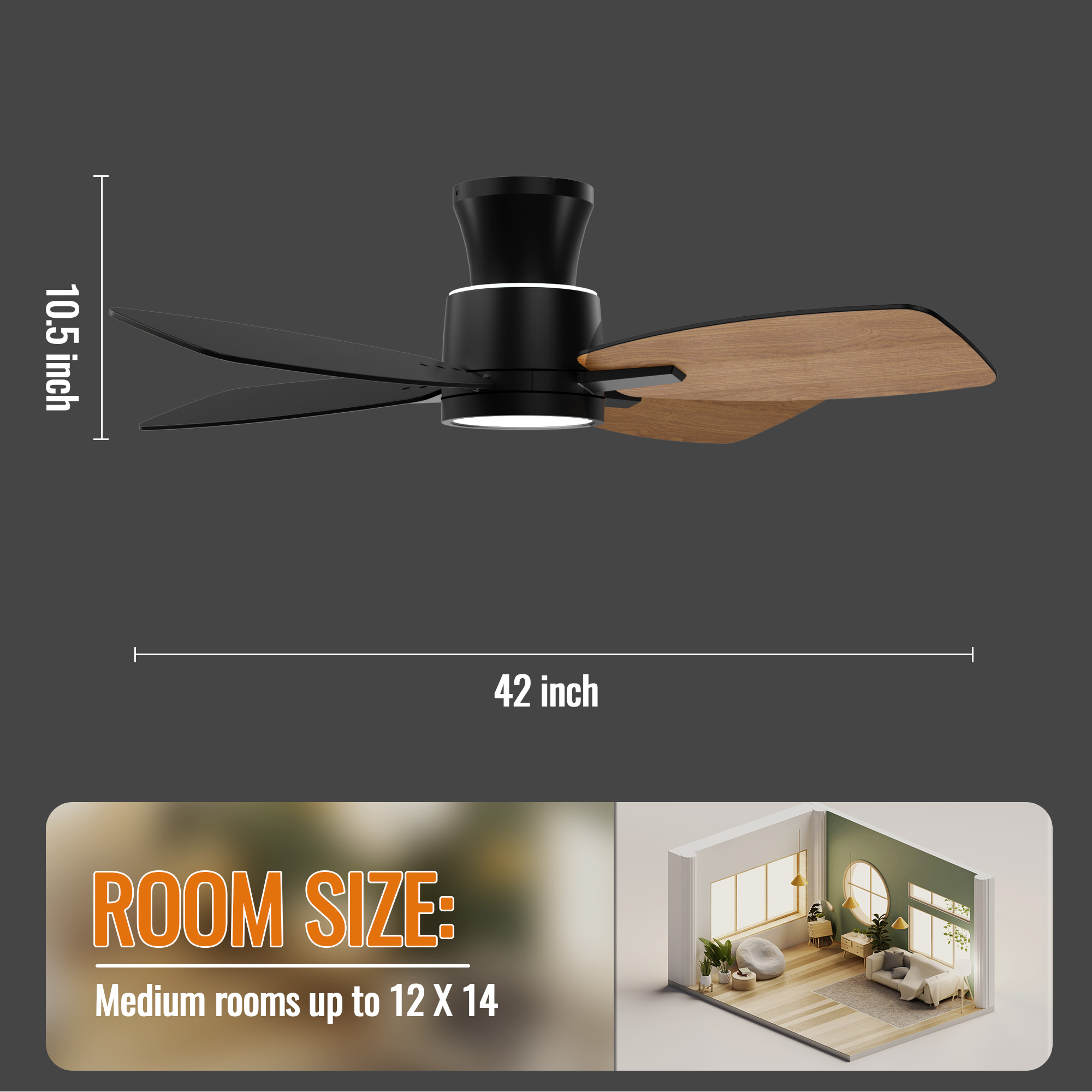 Ceiling Fans with Lights,42 inch Flush Mount Ceiling Fan with Night Light,Quiet Reversible DC Motor Dimmable Lighting Modern Low Profile Ceiling Fan with Light Black
