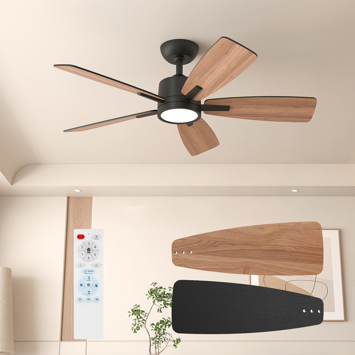 TALOYA 42 Inch Ceiling Fans with Lights Led Remote Control Low Profile Flush Mount for Bedroom Home Outdoor Patio Living Room,3 Color Temperatures,Dimmable,DC Motor,Reversible,5 Blades,Black
