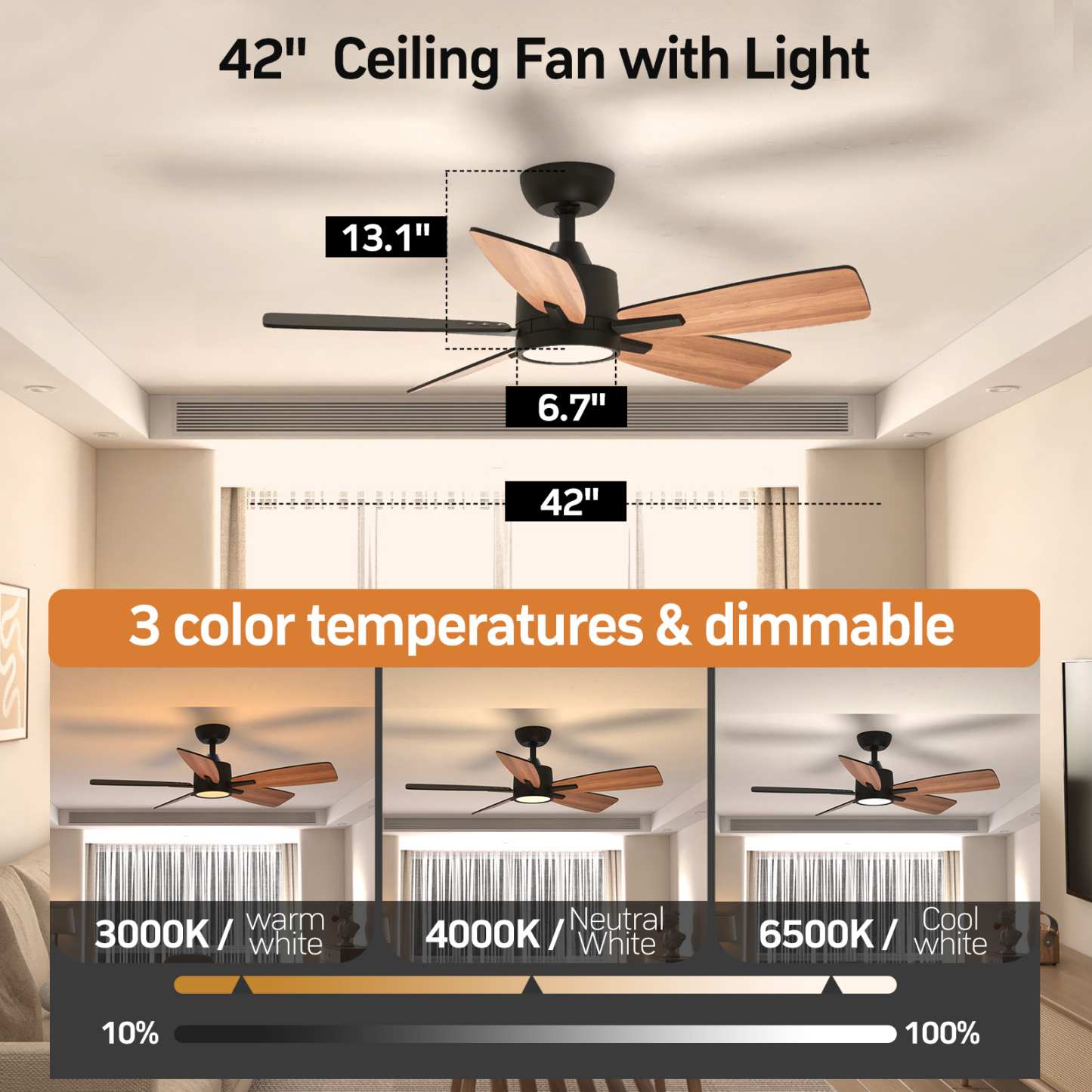 TALOYA 42 Inch Ceiling Fans with Lights Led Remote Control Low Profile Flush Mount for Bedroom Home Outdoor Patio Living Room,3 Color Temperatures,Dimmable,DC Motor,Reversible,5 Blades,Black
