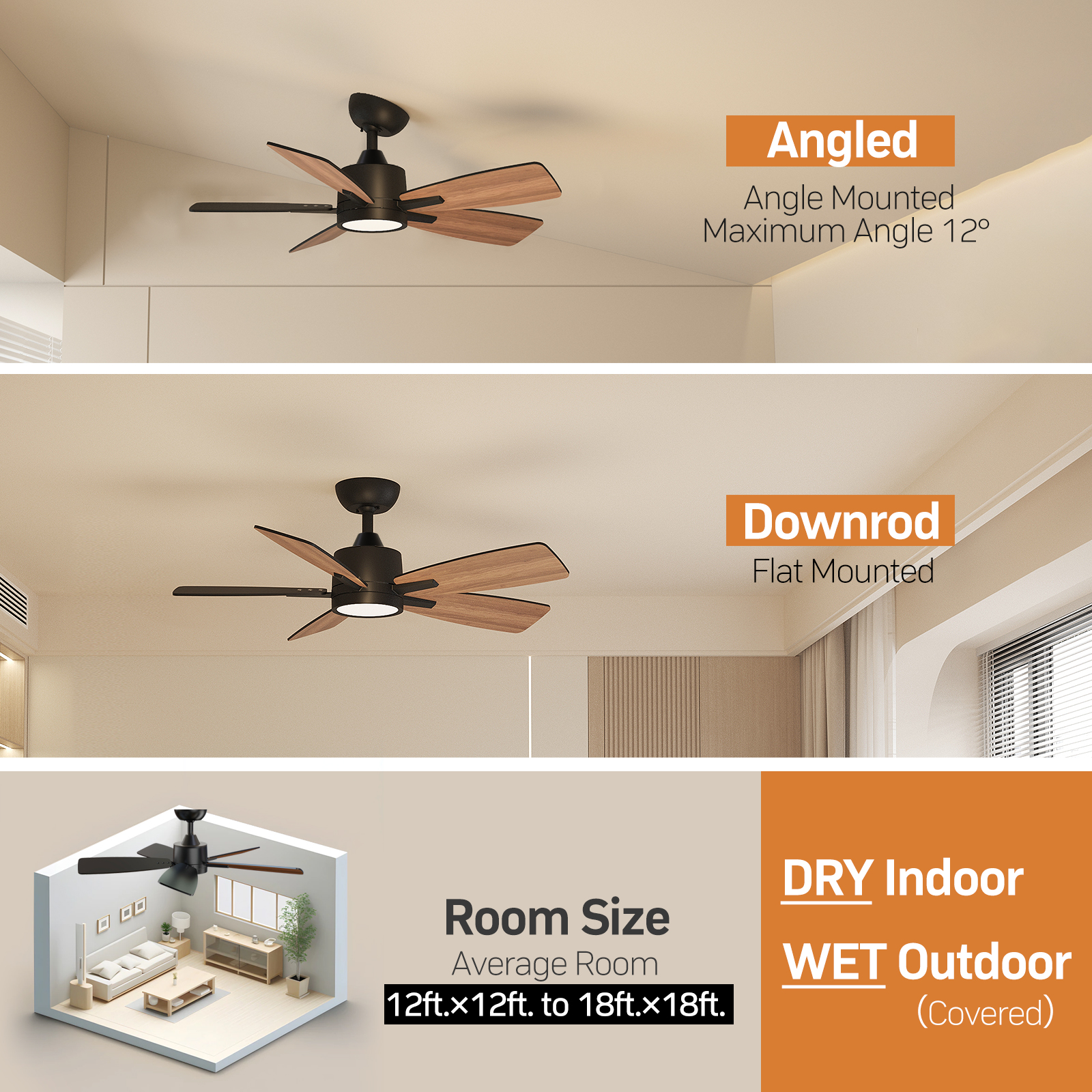 TALOYA 42 Inch Ceiling Fans with Lights Led Remote Control Low Profile Flush Mount for Bedroom Home Outdoor Patio Living Room,3 Color Temperatures,Dimmable,DC Motor,Reversible,5 Blades,Black