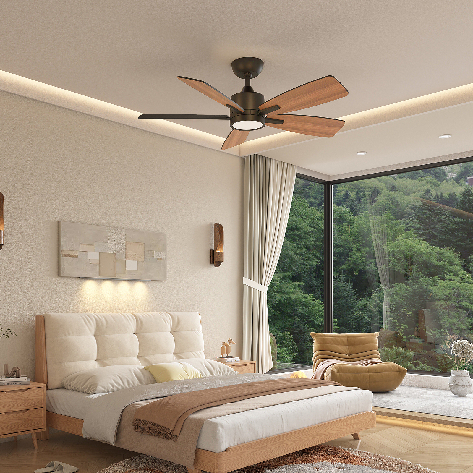 TALOYA 42 Inch Ceiling Fans with Lights Led Remote Control Low Profile Flush Mount for Bedroom Home Outdoor Patio Living Room,3 Color Temperatures,Dimmable,DC Motor,Reversible,5 Blades,Black