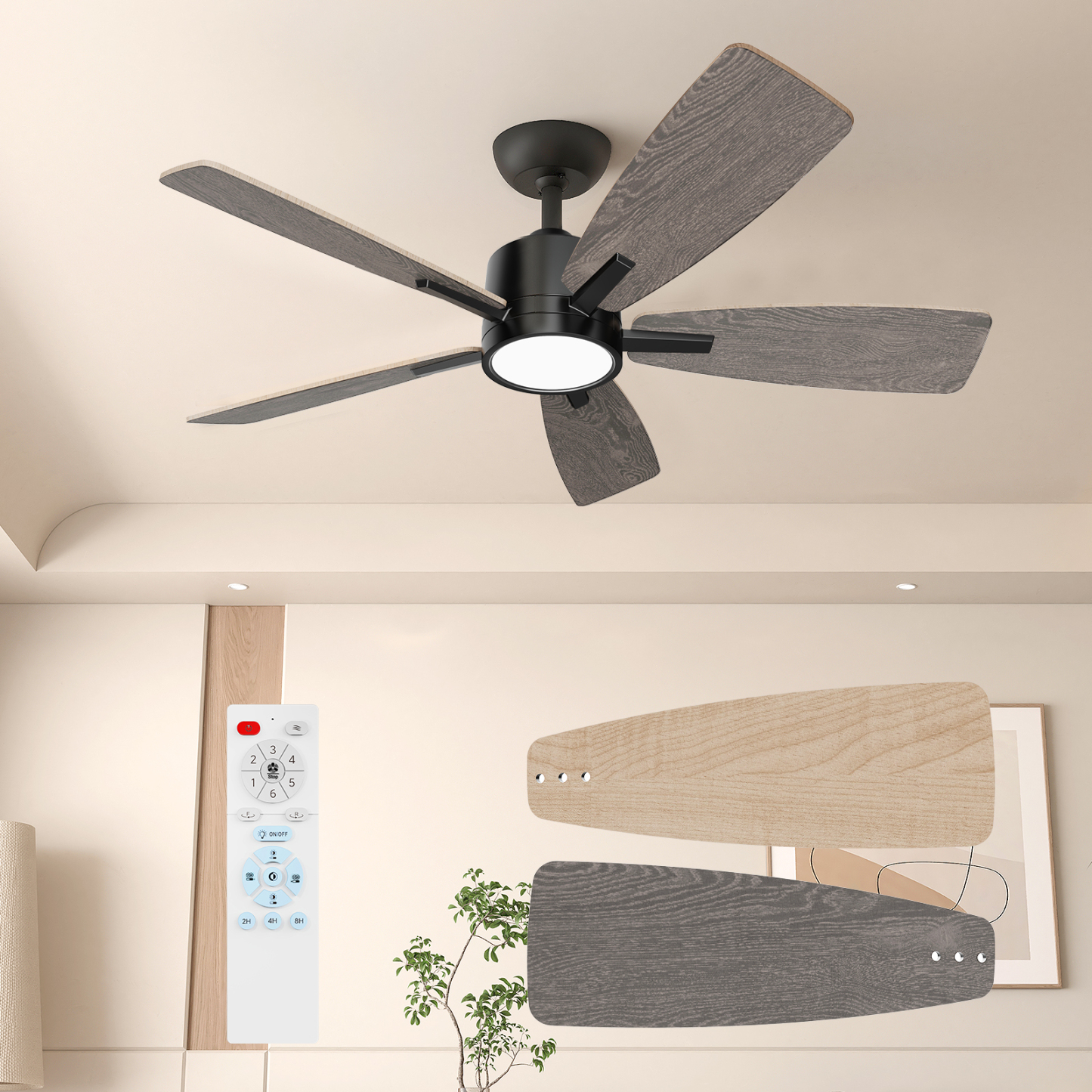 42 Inch Ceiling Fans with Lights Led Remote Control Low Profile Flush Mount for Bedroom Home Outdoor Patio Living Room,3 Color Temperatures,Dimmable,DC Motor,Reversible,5 Blades,Black Walnut