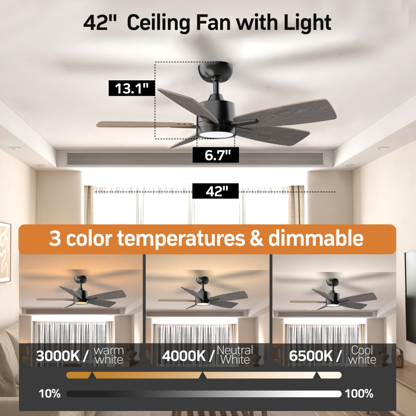 42 Inch Ceiling Fans with Lights Led Remote Control Low Profile Flush Mount for Bedroom Home Outdoor Patio Living Room,3 Color Temperatures,Dimmable,DC Motor,Reversible,5 Blades,Black Walnut