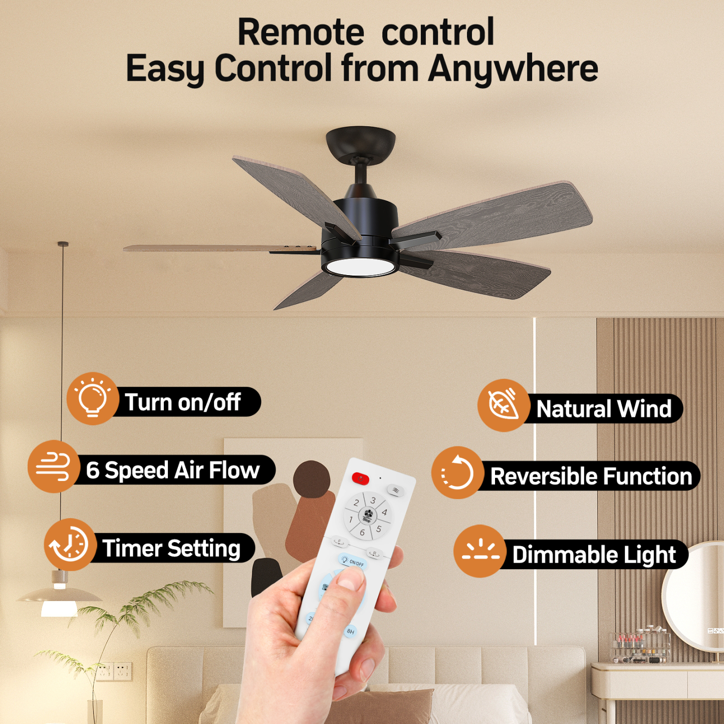 42 Inch Ceiling Fans with Lights Led Remote Control Low Profile Flush Mount for Bedroom Home Outdoor Patio Living Room,3 Color Temperatures,Dimmable,DC Motor,Reversible,5 Blades,Black Walnut