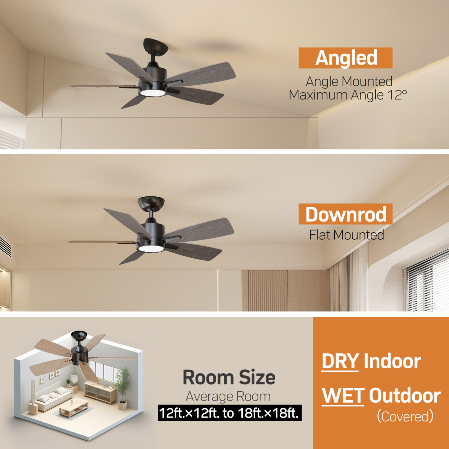42 Inch Ceiling Fans with Lights Led Remote Control Low Profile Flush Mount for Bedroom Home Outdoor Patio Living Room,3 Color Temperatures,Dimmable,DC Motor,Reversible,5 Blades,Black Walnut