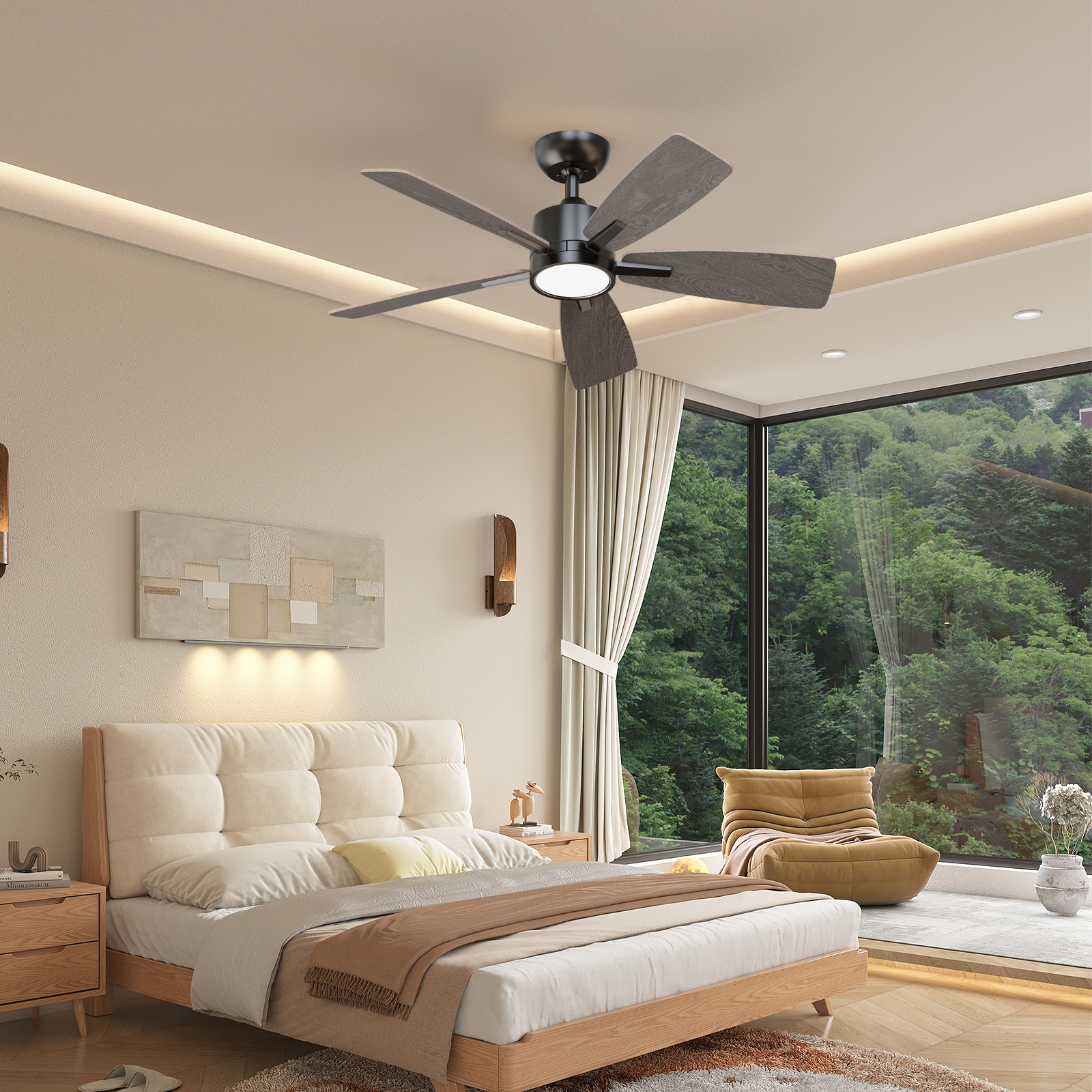 42 Inch Ceiling Fans with Lights Led Remote Control Low Profile Flush Mount for Bedroom Home Outdoor Patio Living Room,3 Color Temperatures,Dimmable,DC Motor,Reversible,5 Blades,Black Walnut