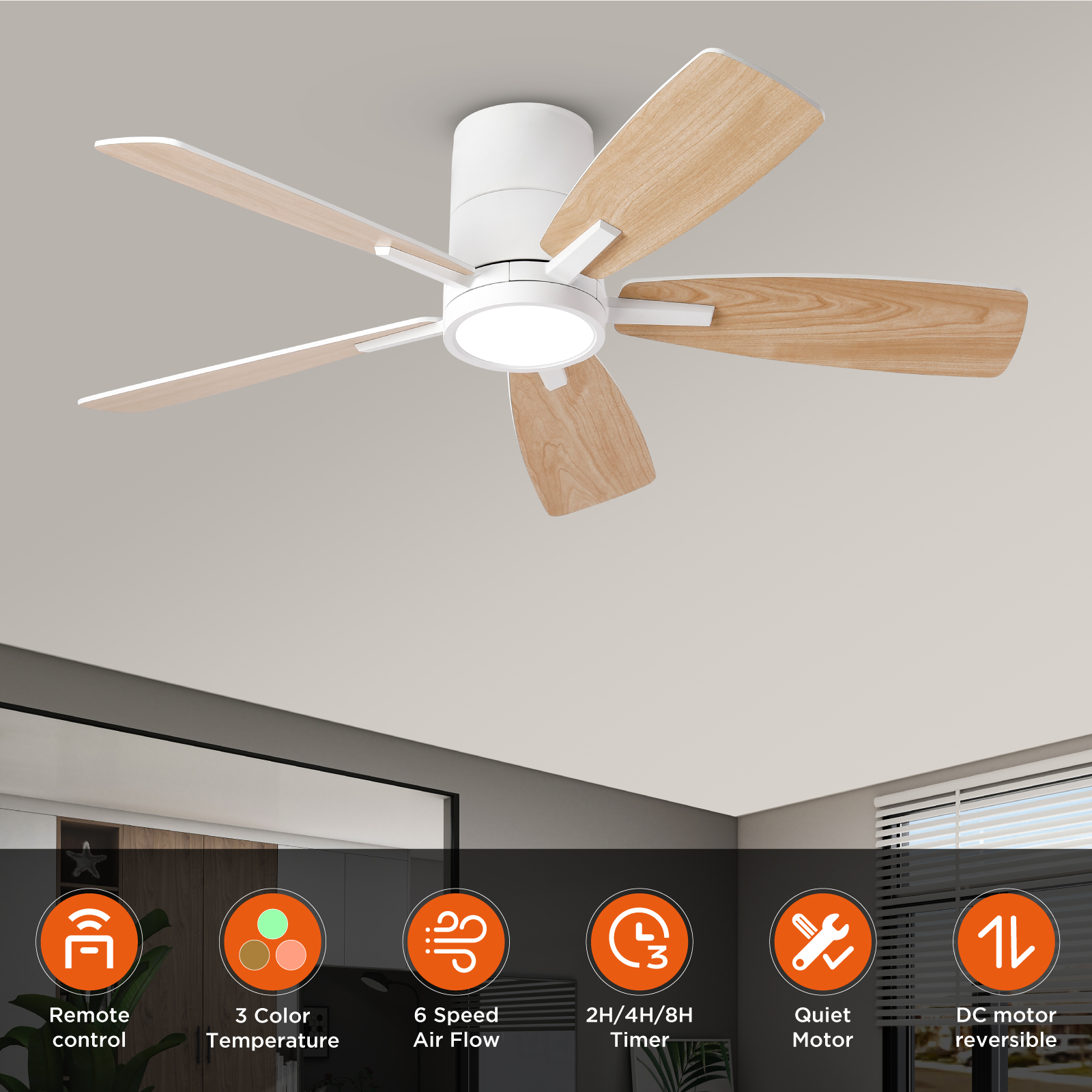 42 inch Ceiling Fans with Lights Remote Control, Modern Low Profile Ceiling Fan with Ultra Quiet Reversible DC Motor,Flush Mount Ceiling Fan for Bedroom Living Room White