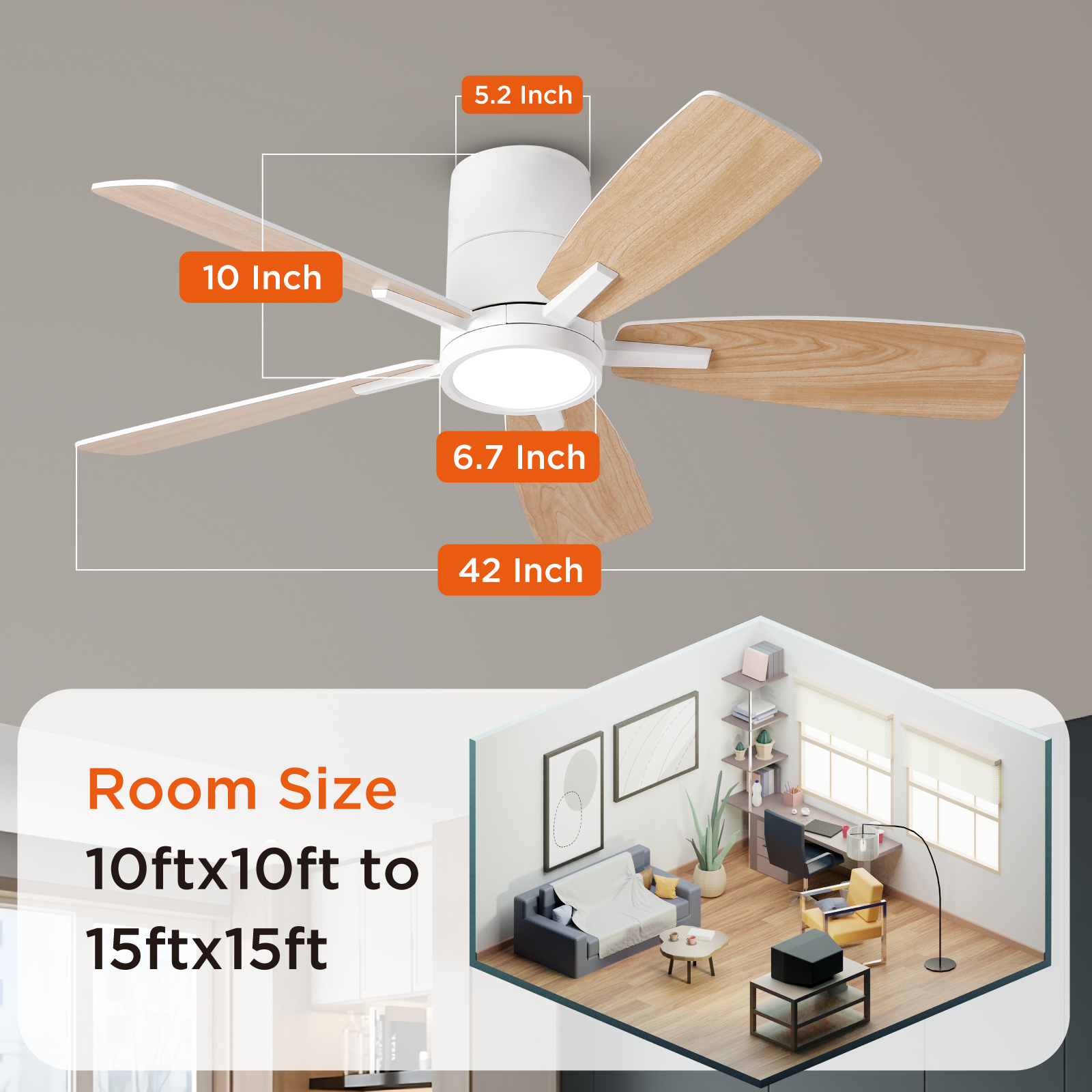 42 inch Ceiling Fans with Lights Remote Control, Modern Low Profile Ceiling Fan with Ultra Quiet Reversible DC Motor,Flush Mount Ceiling Fan for Bedroom Living Room White