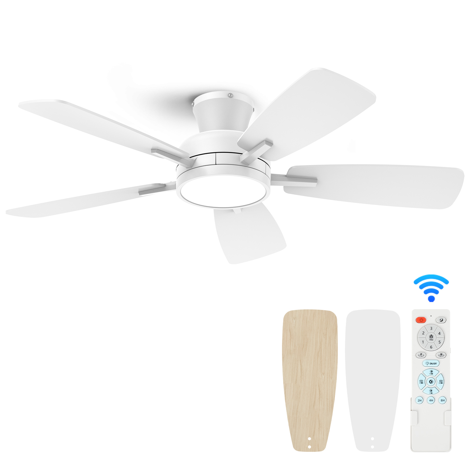 46 Inch Ceiling Fans with Lights and Remote, Low Profile Ceiling Fan with Light, Flush Mount, Reversible, 3CCT, Dimmable White Modern Ceiling Fan for Bedroom, Living Room, Outdoor Patio