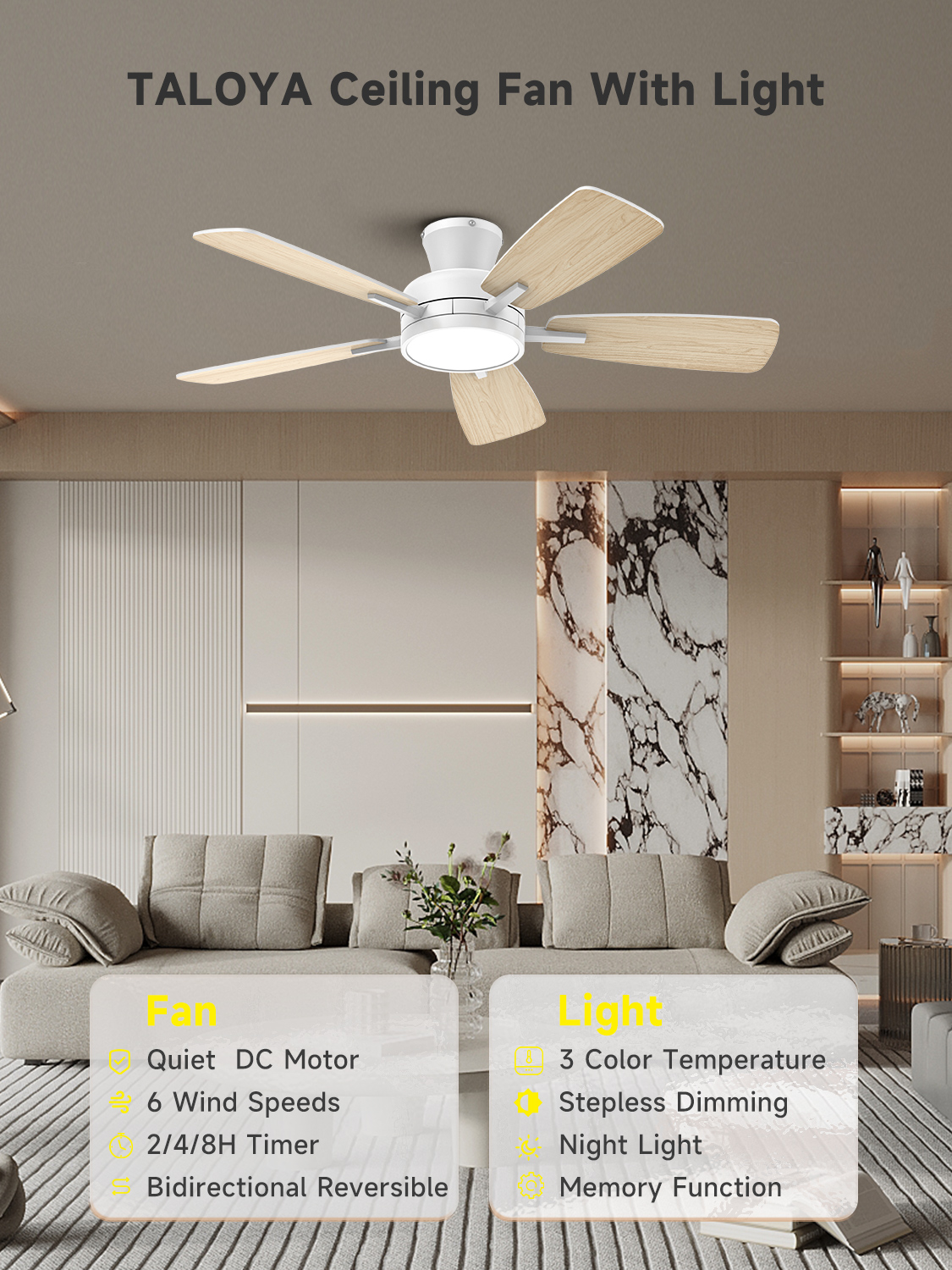 46 Inch Ceiling Fans with Lights and Remote, Low Profile Ceiling Fan with Light, Flush Mount, Reversible, 3CCT, Dimmable White Modern Ceiling Fan for Bedroom, Living Room, Outdoor Patio