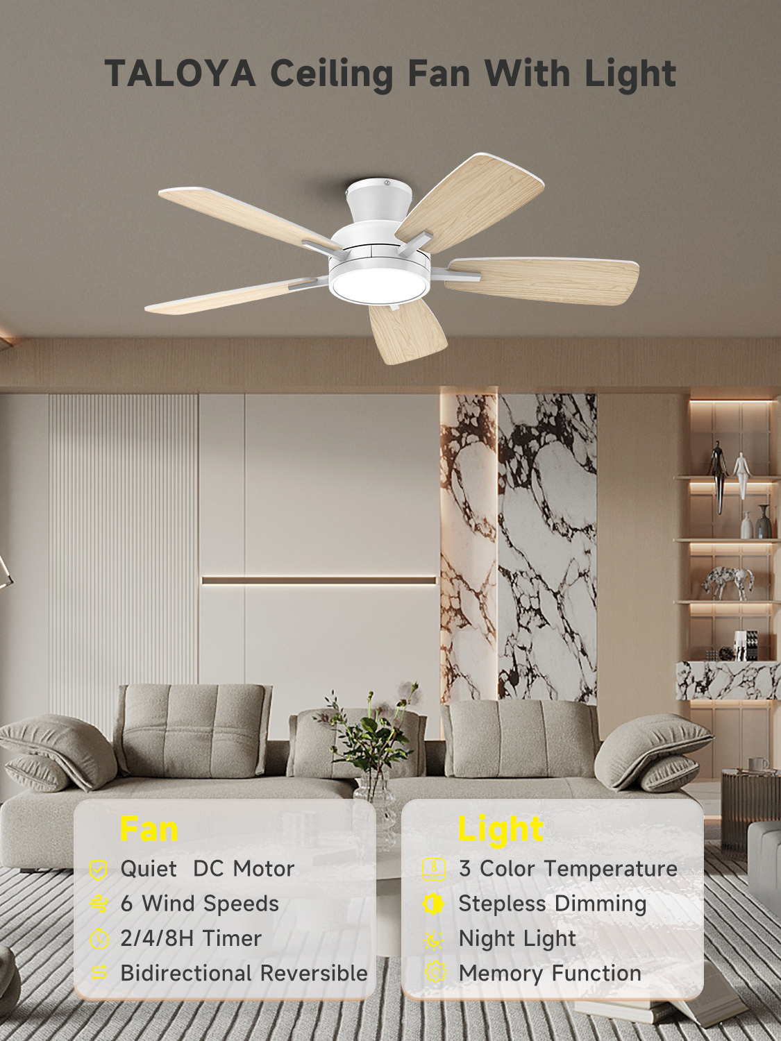 46 Inch Ceiling Fans with Lights and Remote, Low Profile Ceiling Fan with Light, Flush Mount, Reversible, 3CCT, Dimmable White Modern Ceiling Fan for Bedroom, Living Room, Outdoor Patio