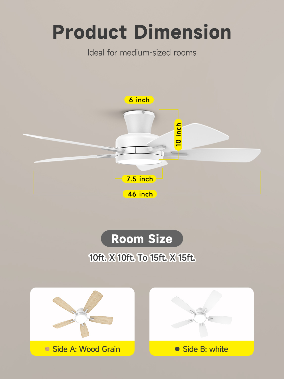 46 Inch Ceiling Fans with Lights and Remote, Low Profile Ceiling Fan with Light, Flush Mount, Reversible, 3CCT, Dimmable White Modern Ceiling Fan for Bedroom, Living Room, Outdoor Patio