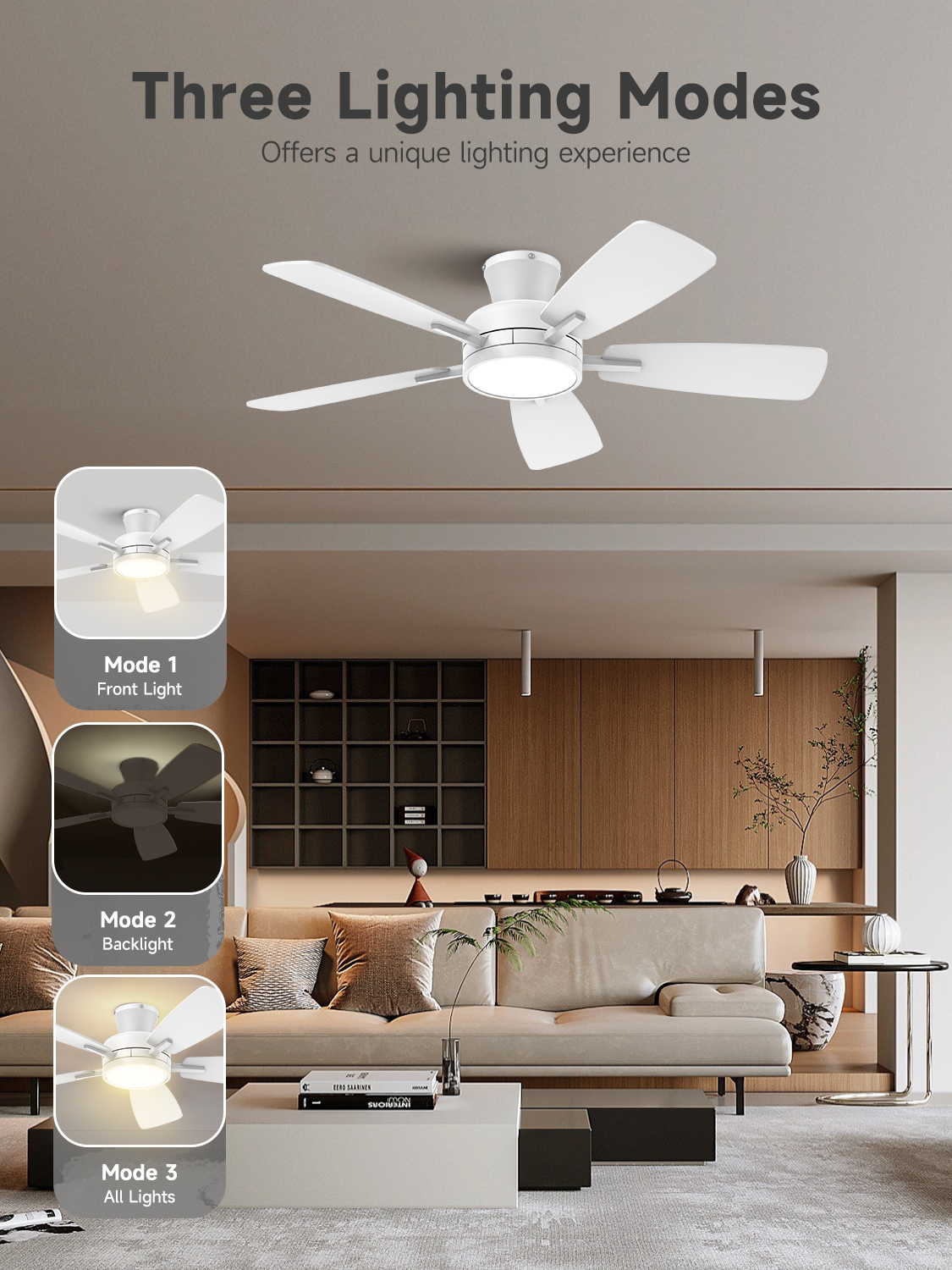 46 Inch Ceiling Fans with Lights and Remote, Low Profile Ceiling Fan with Light, Flush Mount, Reversible, 3CCT, Dimmable White Modern Ceiling Fan for Bedroom, Living Room, Outdoor Patio