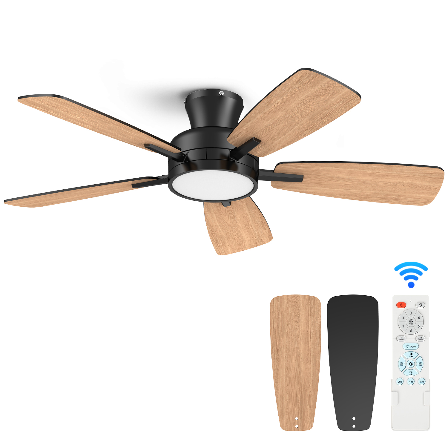  46 Inch Ceiling Fans with Lights and Remote, Low Profile Ceiling Fan with Light, Flush Mount, Reversible, 3CCT, Dimmable Black Modern Ceiling Fan for Bedroom, Living Room, Outdoor Patio