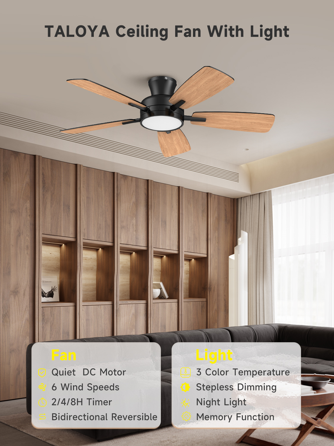  46 Inch Ceiling Fans with Lights and Remote, Low Profile Ceiling Fan with Light, Flush Mount, Reversible, 3CCT, Dimmable Black Modern Ceiling Fan for Bedroom, Living Room, Outdoor Patio