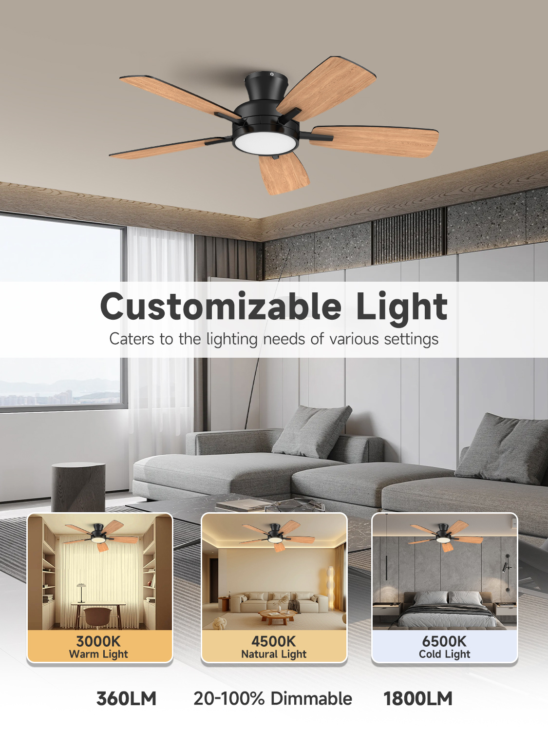  46 Inch Ceiling Fans with Lights and Remote, Low Profile Ceiling Fan with Light, Flush Mount, Reversible, 3CCT, Dimmable Black Modern Ceiling Fan for Bedroom, Living Room, Outdoor Patio