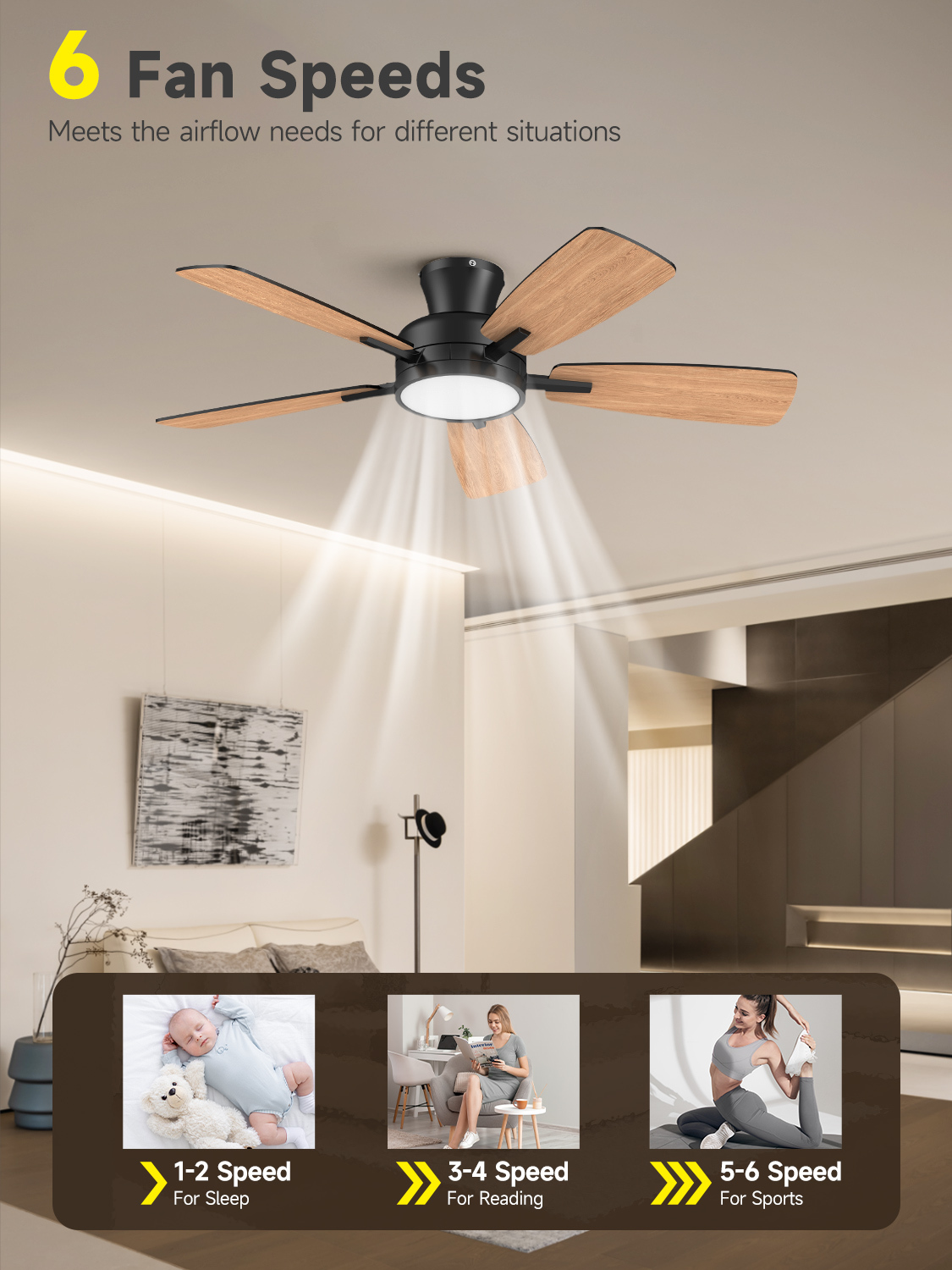  46 Inch Ceiling Fans with Lights and Remote, Low Profile Ceiling Fan with Light, Flush Mount, Reversible, 3CCT, Dimmable Black Modern Ceiling Fan for Bedroom, Living Room, Outdoor Patio