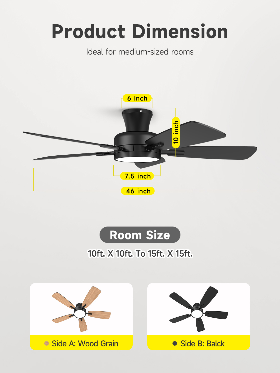  46 Inch Ceiling Fans with Lights and Remote, Low Profile Ceiling Fan with Light, Flush Mount, Reversible, 3CCT, Dimmable Black Modern Ceiling Fan for Bedroom, Living Room, Outdoor Patio