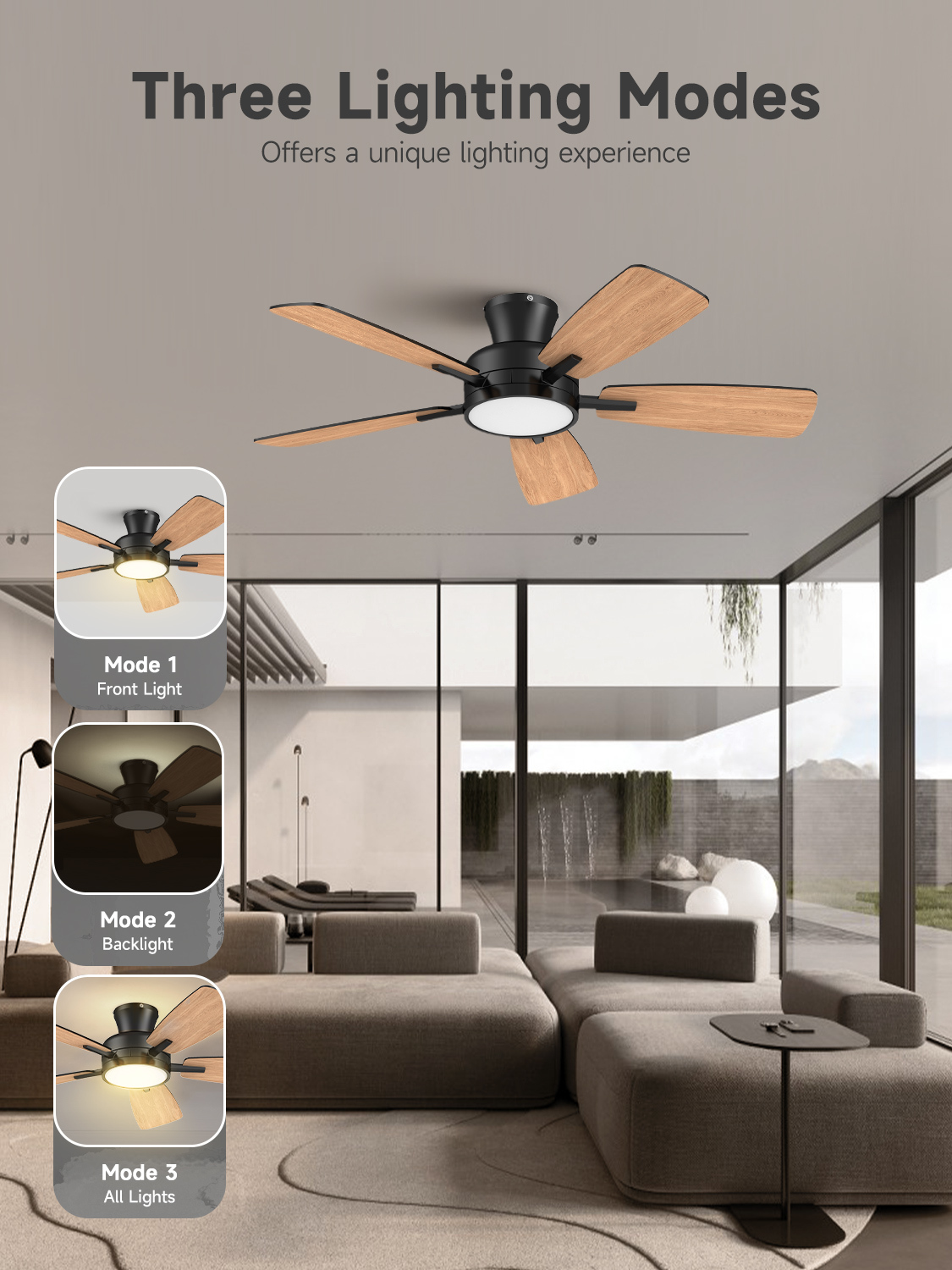  46 Inch Ceiling Fans with Lights and Remote, Low Profile Ceiling Fan with Light, Flush Mount, Reversible, 3CCT, Dimmable Black Modern Ceiling Fan for Bedroom, Living Room, Outdoor Patio
