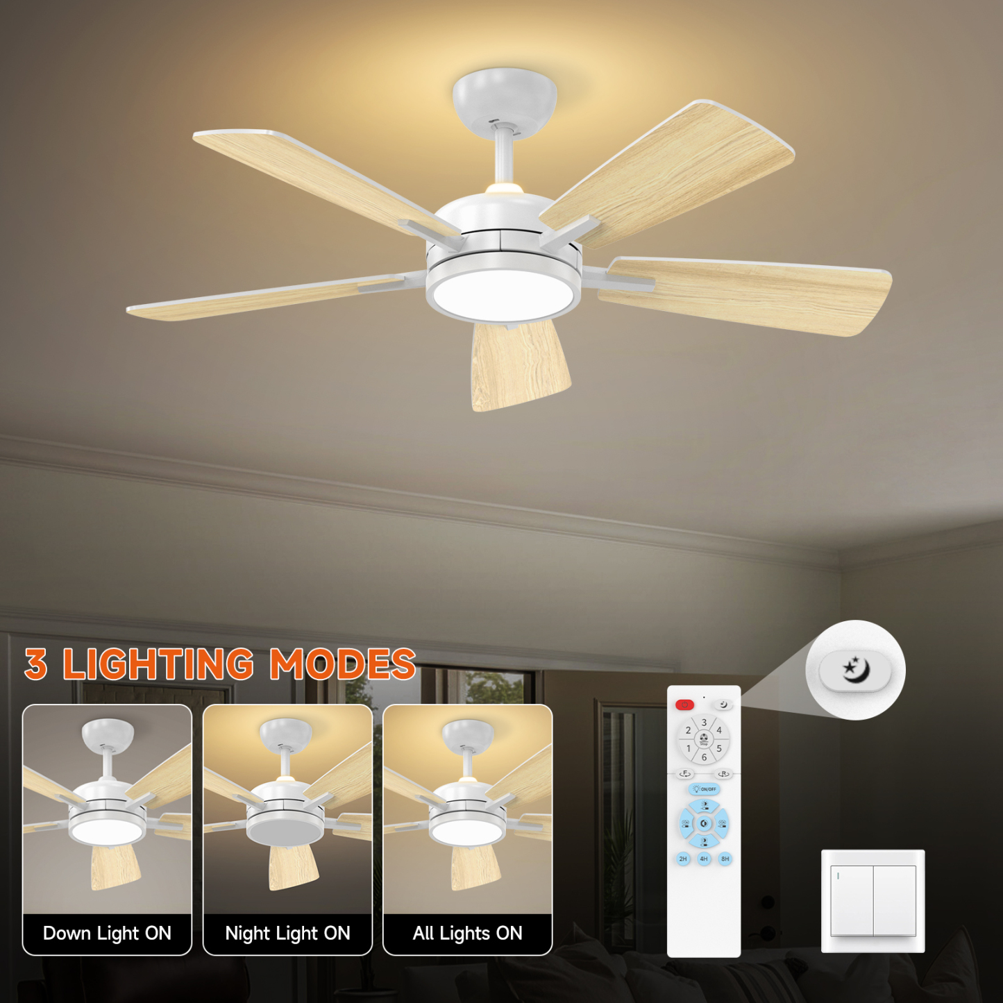 46 Inch Ceiling Fan with Light, Large Air Volume Ceiling Fan with Night Light, Ultra Quiet Reversible DC Motor Dimmable with Remote （White） Visit the ocioc Store