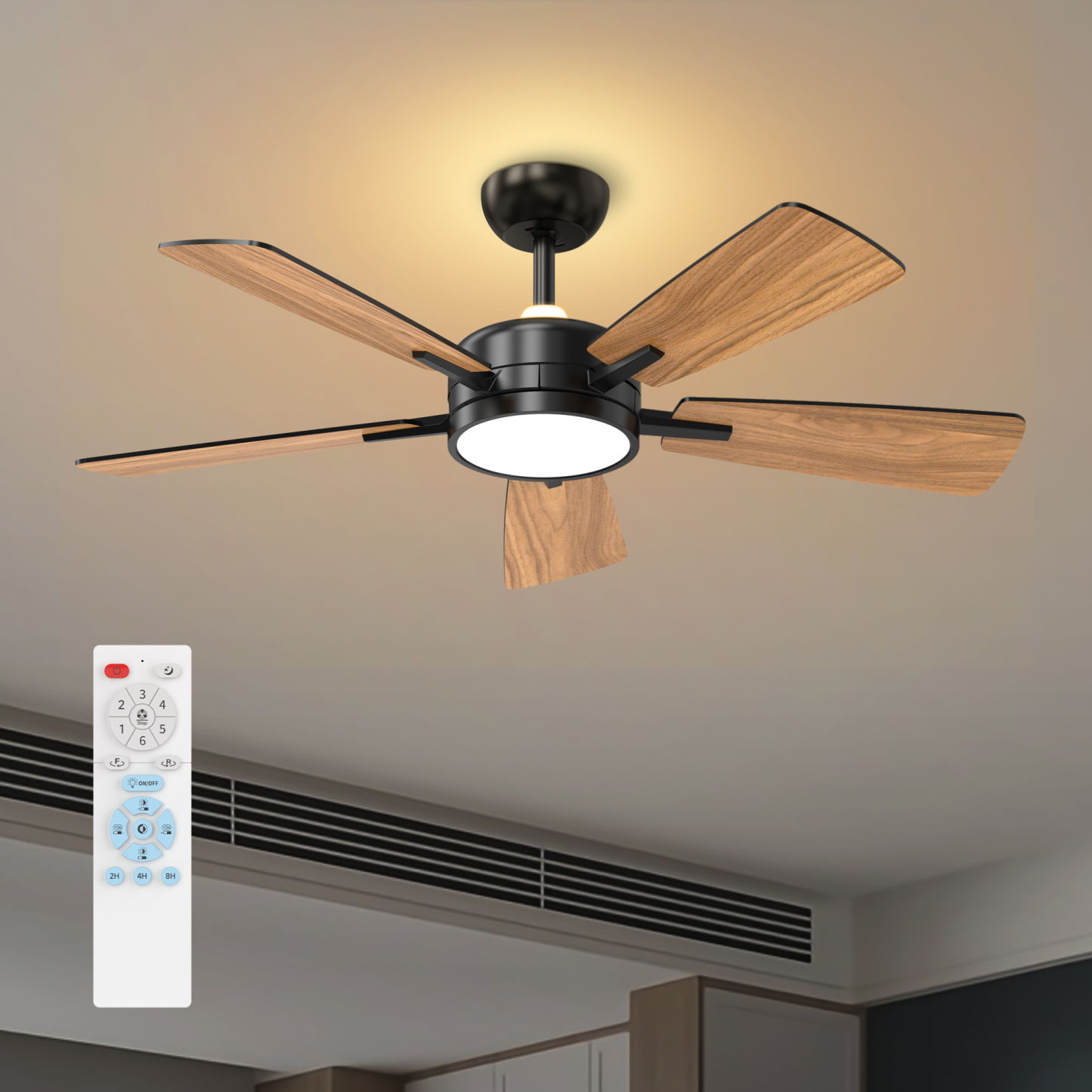 46 Inch Ceiling Fans with Lights, Large Air Volume Ceiling Fan with Night Light, Ultra Quiet Reversible DC Motor Dimmable with Remote（Black）