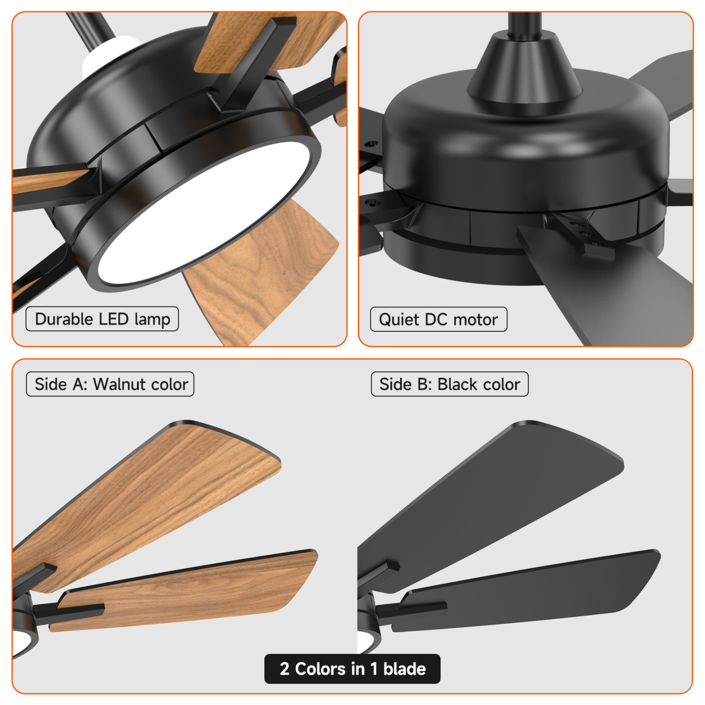 46 Inch Ceiling Fans with Lights, Large Air Volume Ceiling Fan with Night Light, Ultra Quiet Reversible DC Motor Dimmable with Remote（Black）