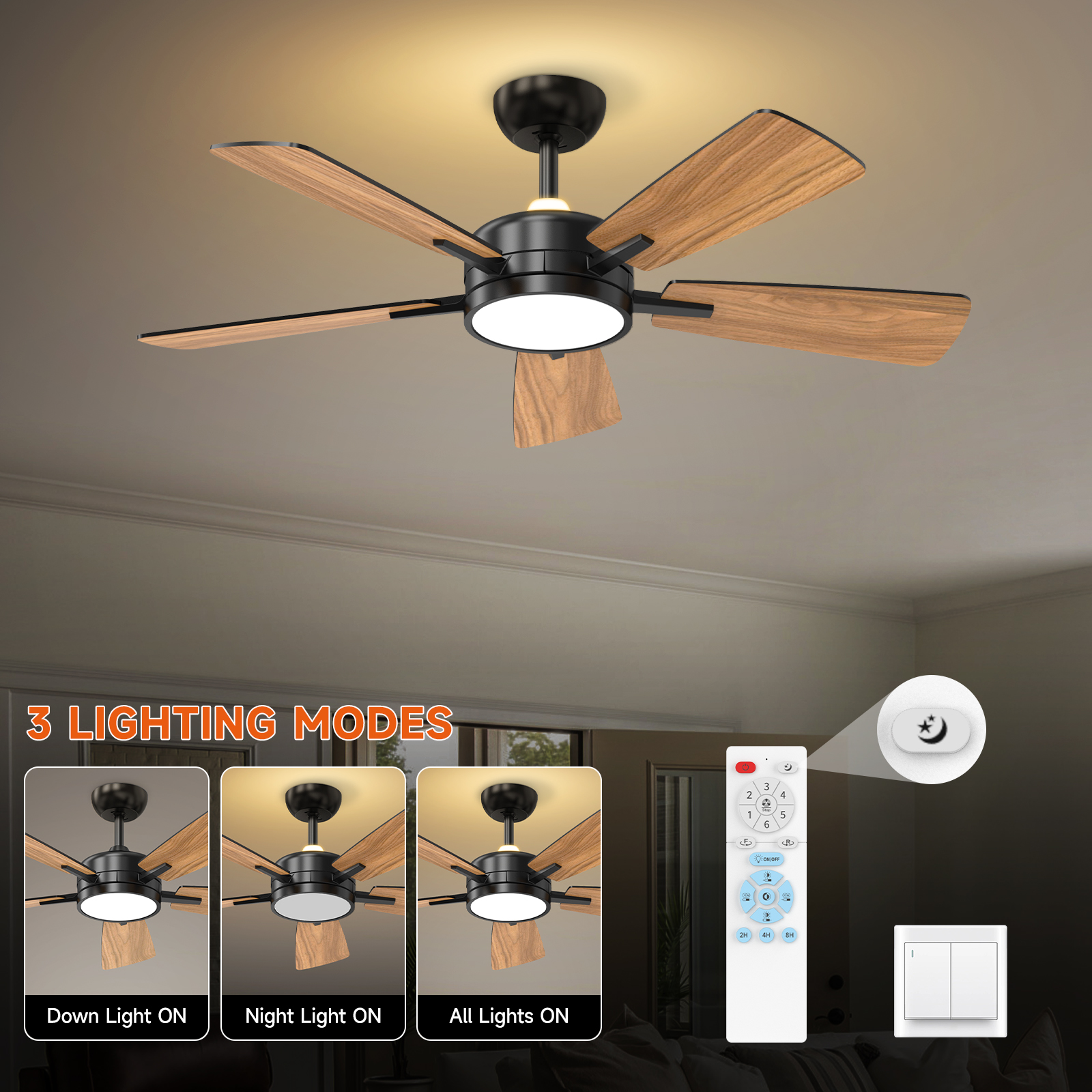 46 Inch Ceiling Fans with Lights, Large Air Volume Ceiling Fan with Night Light, Ultra Quiet Reversible DC Motor Dimmable with Remote（Black）