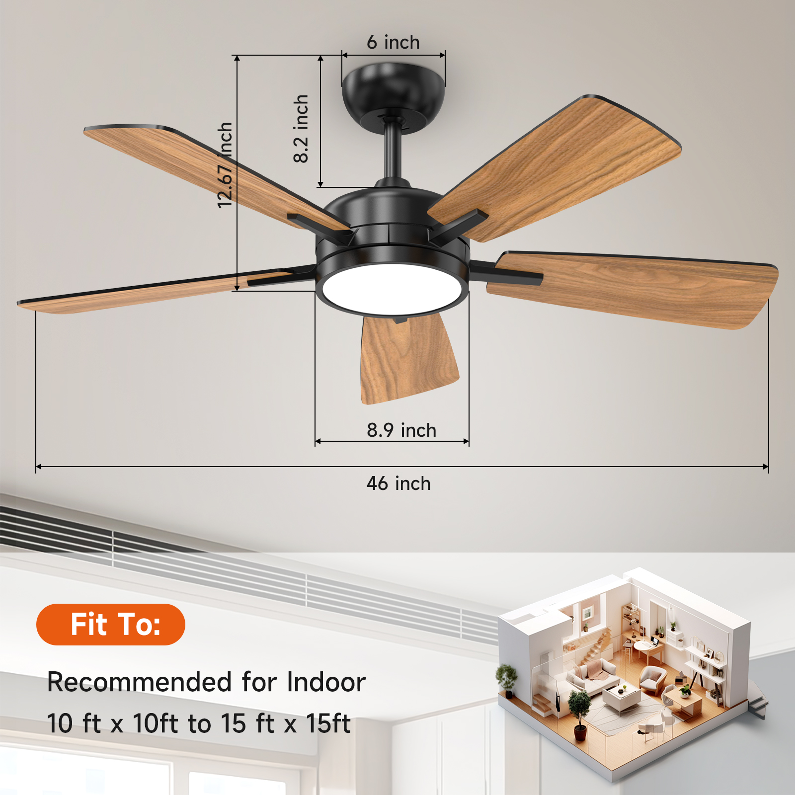 46 Inch Ceiling Fans with Lights, Large Air Volume Ceiling Fan with Night Light, Ultra Quiet Reversible DC Motor Dimmable with Remote（Black）