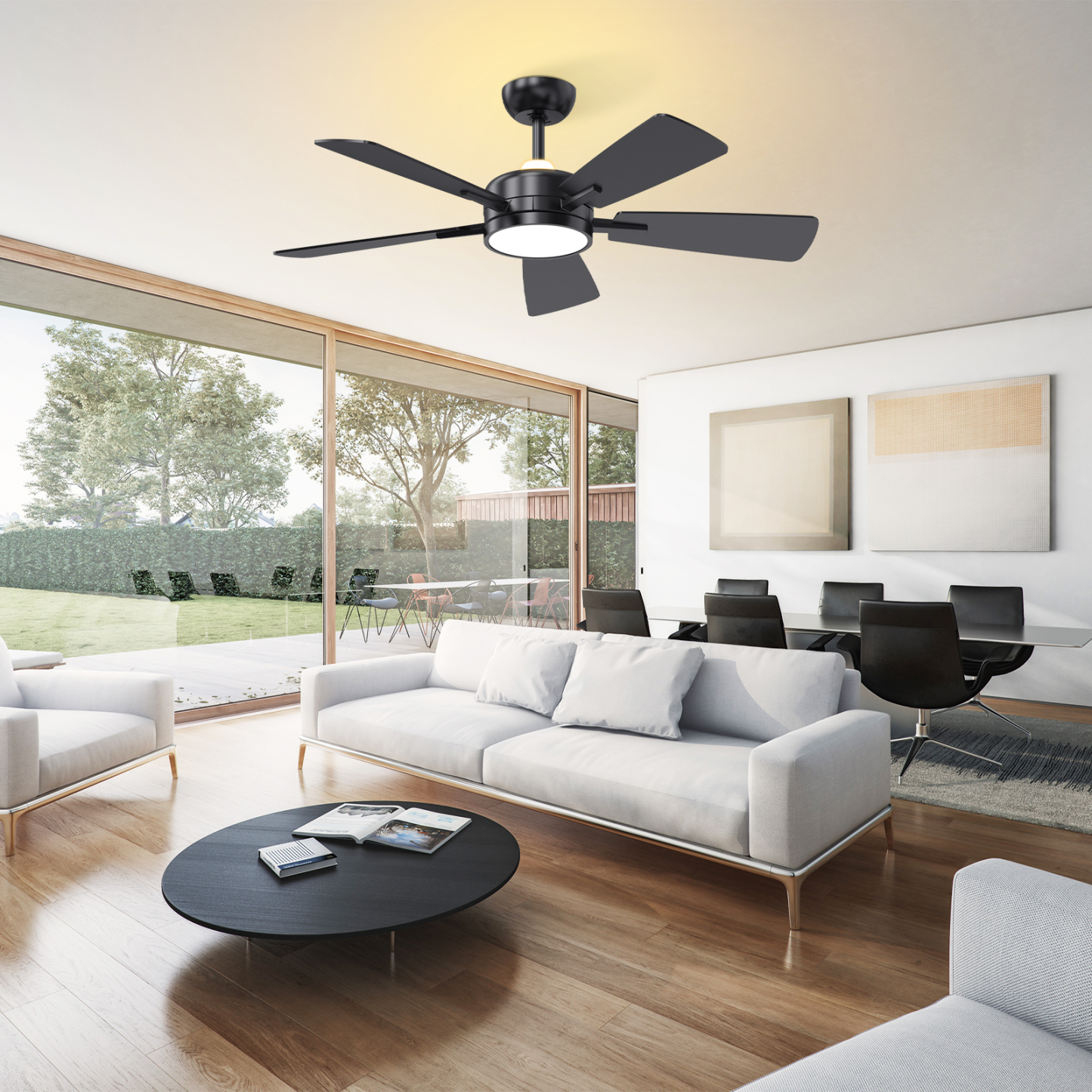 46 Inch Ceiling Fans with Lights, Large Air Volume Ceiling Fan with Night Light, Ultra Quiet Reversible DC Motor Dimmable with Remote（Black）