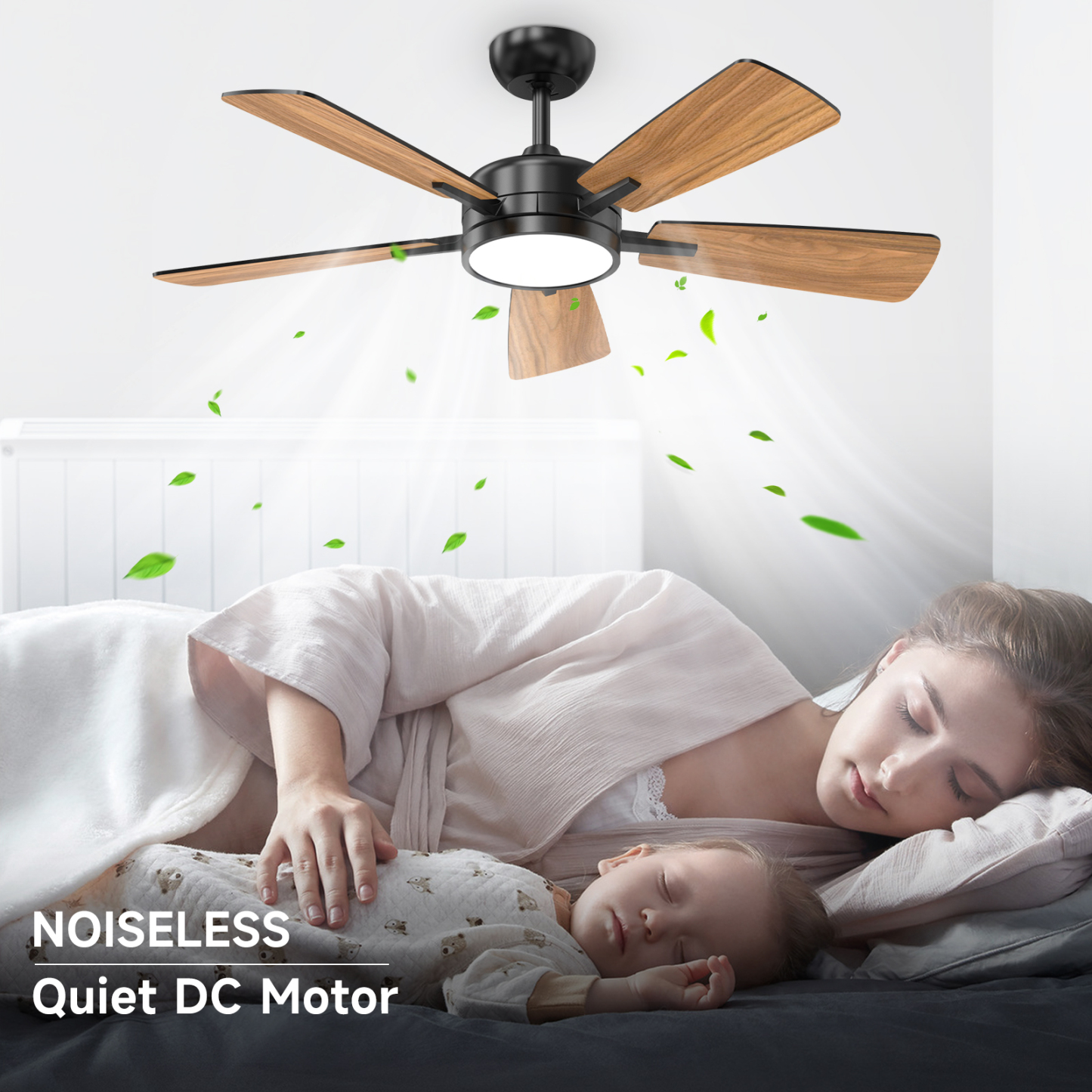 46 Inch Ceiling Fans with Lights, Large Air Volume Ceiling Fan with Night Light, Ultra Quiet Reversible DC Motor Dimmable with Remote（Black）
