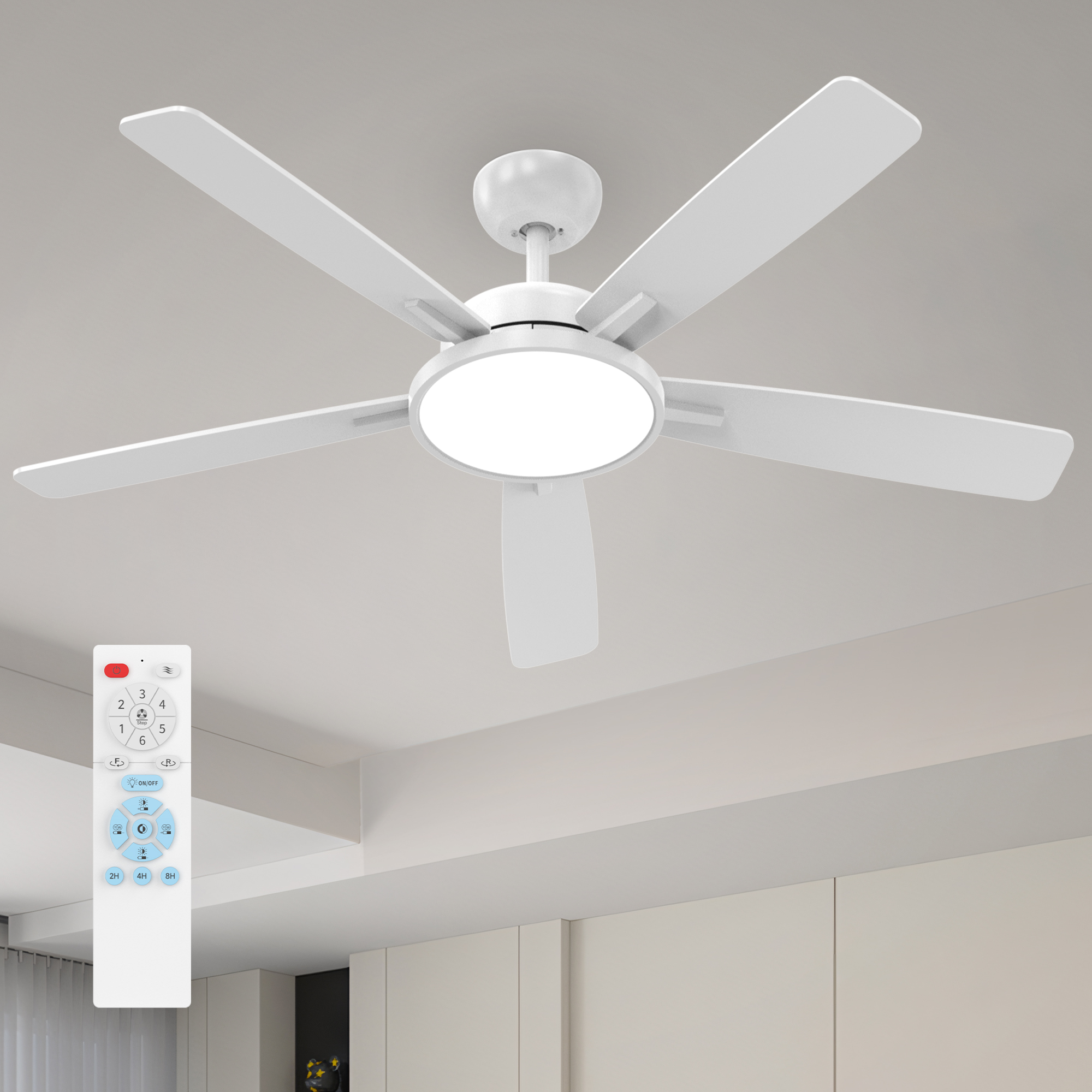 c, Large Air Volume Ceiling Fan, Ultra Quiet Reversible DC Motor Dimmable with Remote （White）