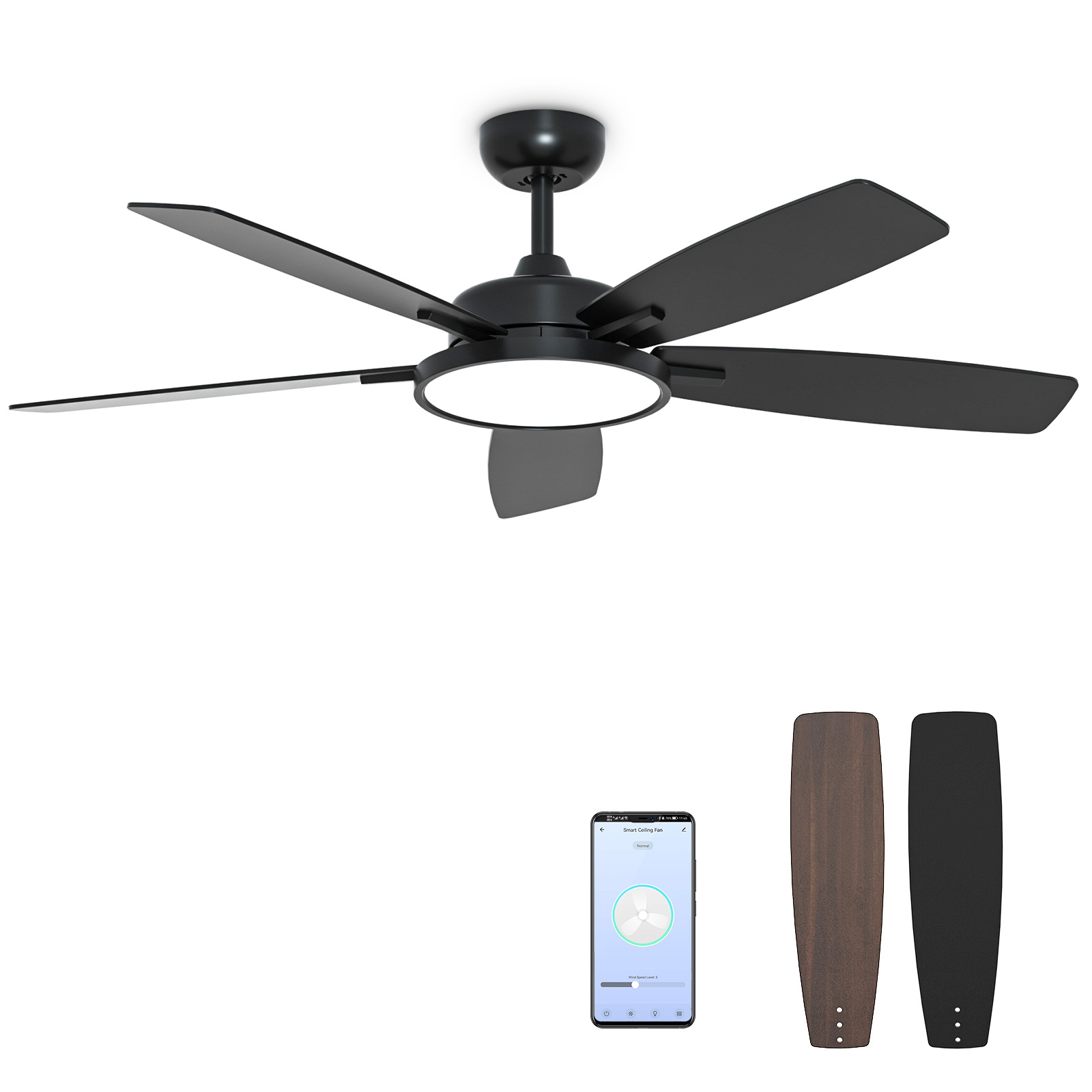 52 Inch Smart Ceiling Fan with Light,App Control,Ultra Silent Reversible DC Motor Fan Remote Control Compatible with Alexa Google home（black）