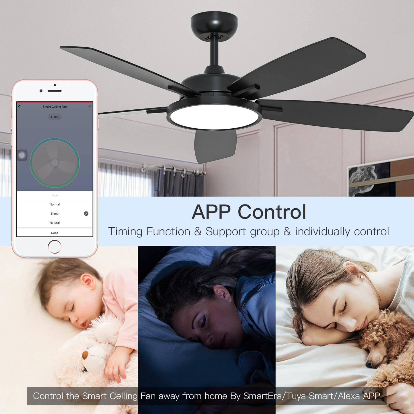 52 Inch Smart Ceiling Fan with Light,App Control,Ultra Silent Reversible DC Motor Fan Remote Control Compatible with Alexa Google home（black）