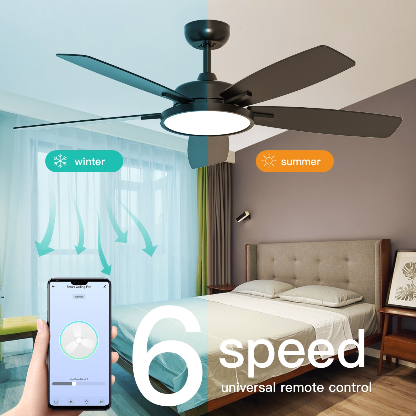 52 Inch Smart Ceiling Fan with Light,App Control,Ultra Silent Reversible DC Motor Fan Remote Control Compatible with Alexa Google home（black）