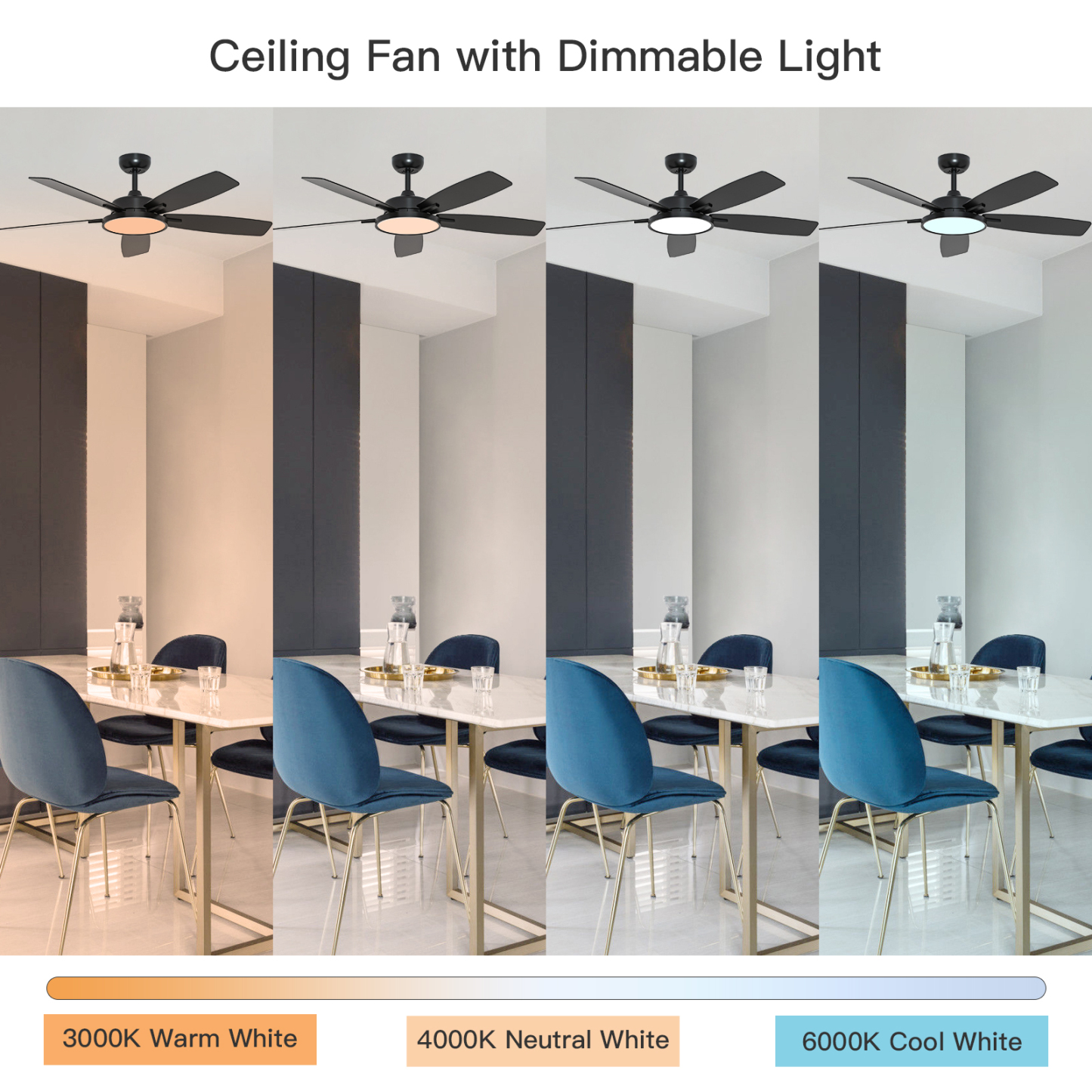 52 Inch Smart Ceiling Fan with Light,App Control,Ultra Silent Reversible DC Motor Fan Remote Control Compatible with Alexa Google home（black）