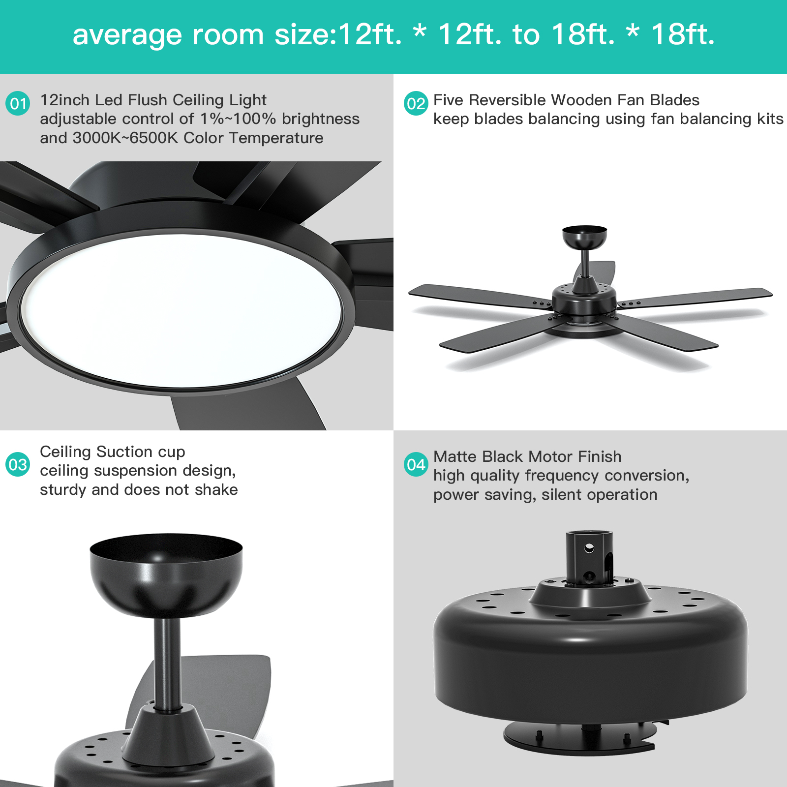 52 Inch Smart Ceiling Fan with Light,App Control,Ultra Silent Reversible DC Motor Fan Remote Control Compatible with Alexa Google home（black）