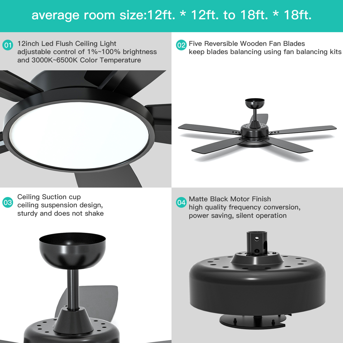 52 Inch Smart Ceiling Fan with Light,App Control,Ultra Silent Reversible DC Motor Fan Remote Control Compatible with Alexa Google home（black）