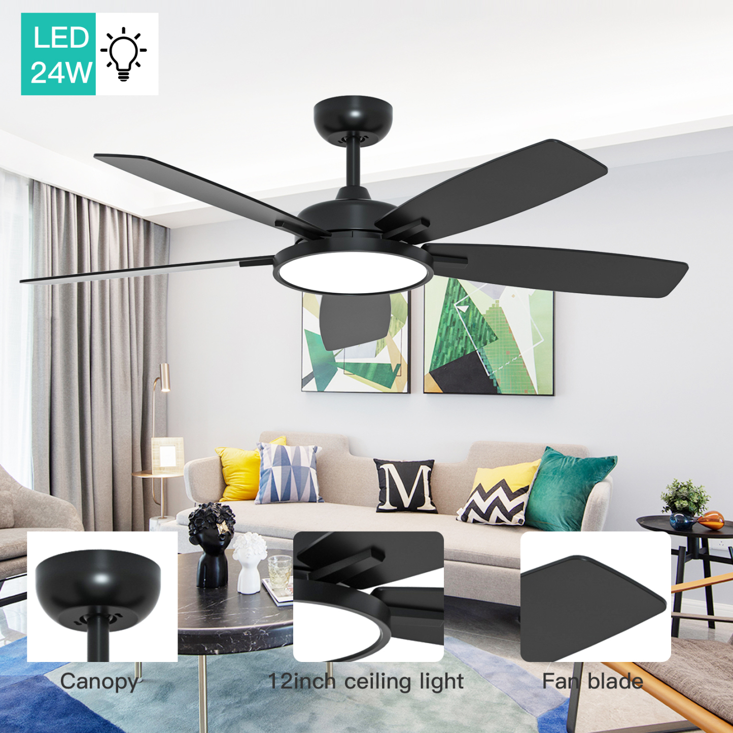 52 Inch Smart Ceiling Fan with Light,App Control,Ultra Silent Reversible DC Motor Fan Remote Control Compatible with Alexa Google home（black）