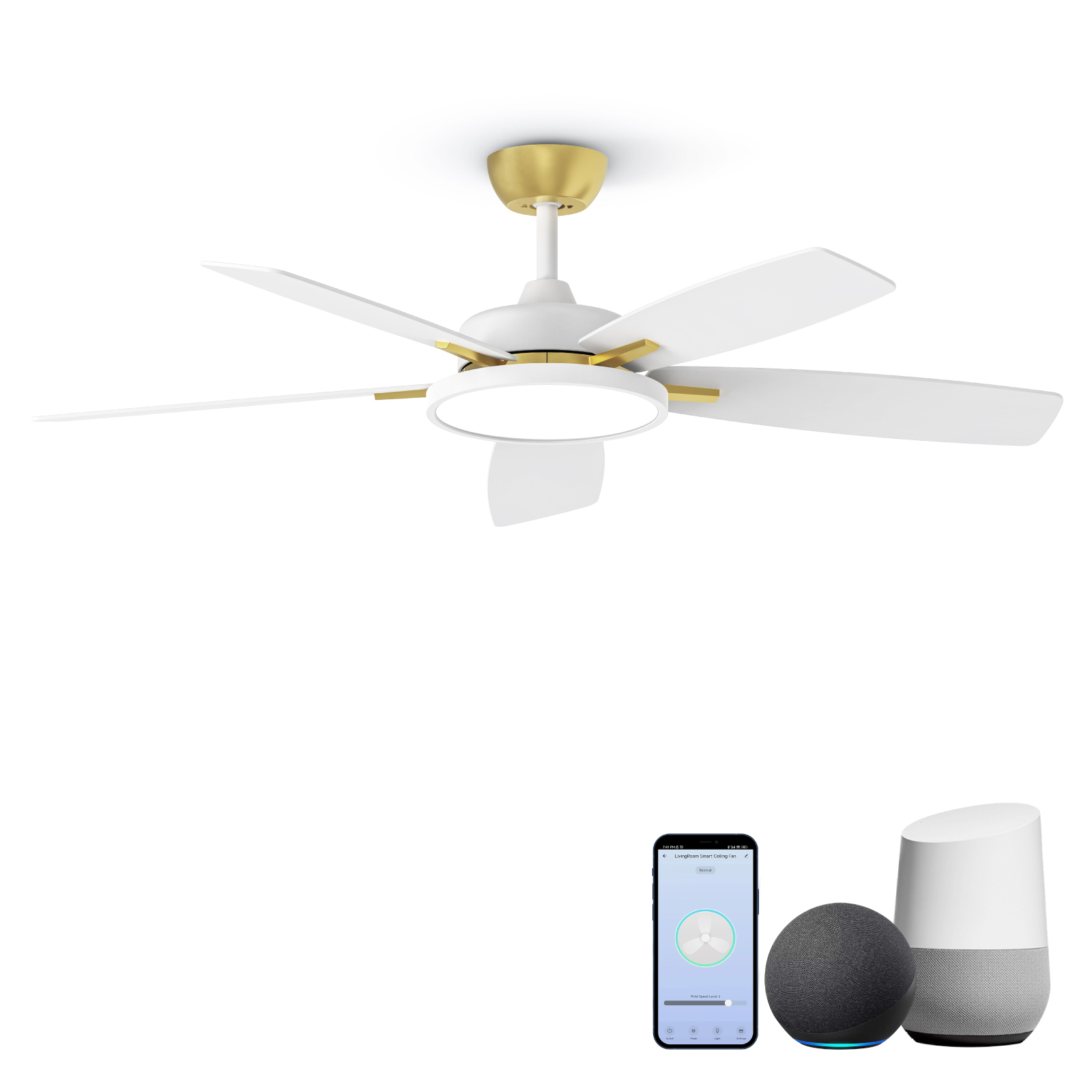  Smart Ceiling Fans with Lights,52 inch,with Dimmable LED Light Compatible with Google Home Alexa App Control(White