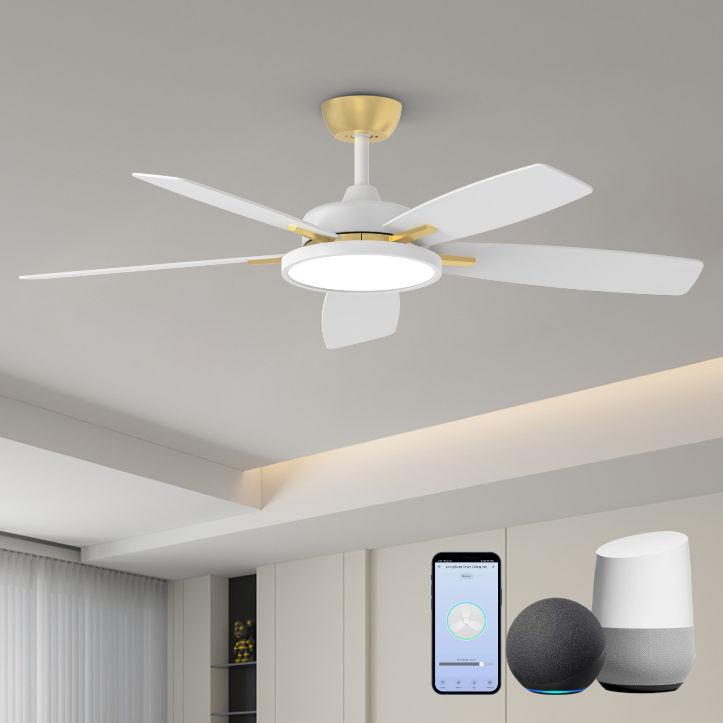  Smart Ceiling Fans with Lights,52 inch,with Dimmable LED Light Compatible with Google Home Alexa App Control(White