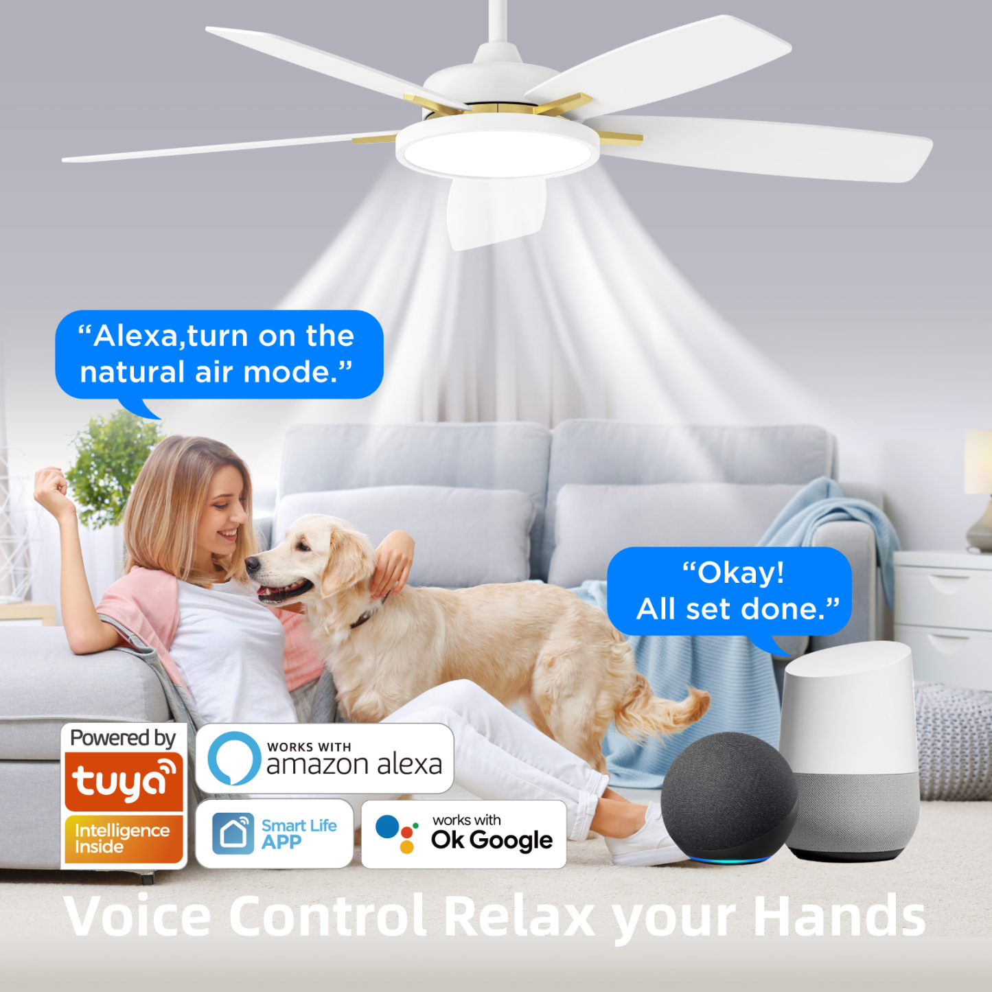 Smart Ceiling Fans with Lights,52 inch,with Dimmable LED Light Compatible with Google Home Alexa App Control(White