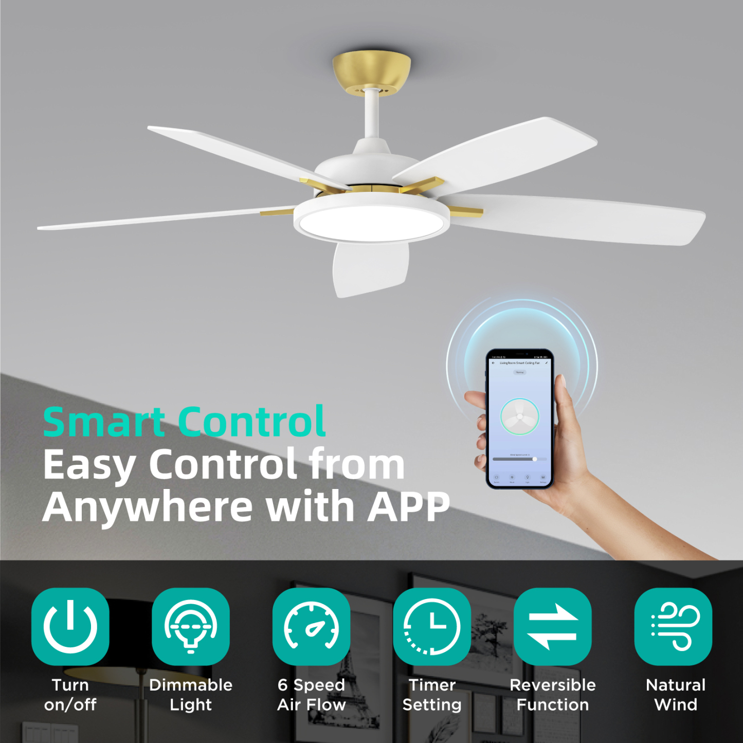  Smart Ceiling Fans with Lights,52 inch,with Dimmable LED Light Compatible with Google Home Alexa App Control(White