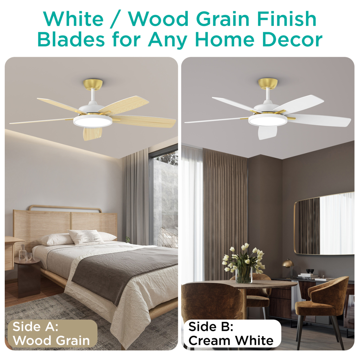  Smart Ceiling Fans with Lights,52 inch,with Dimmable LED Light Compatible with Google Home Alexa App Control(White
