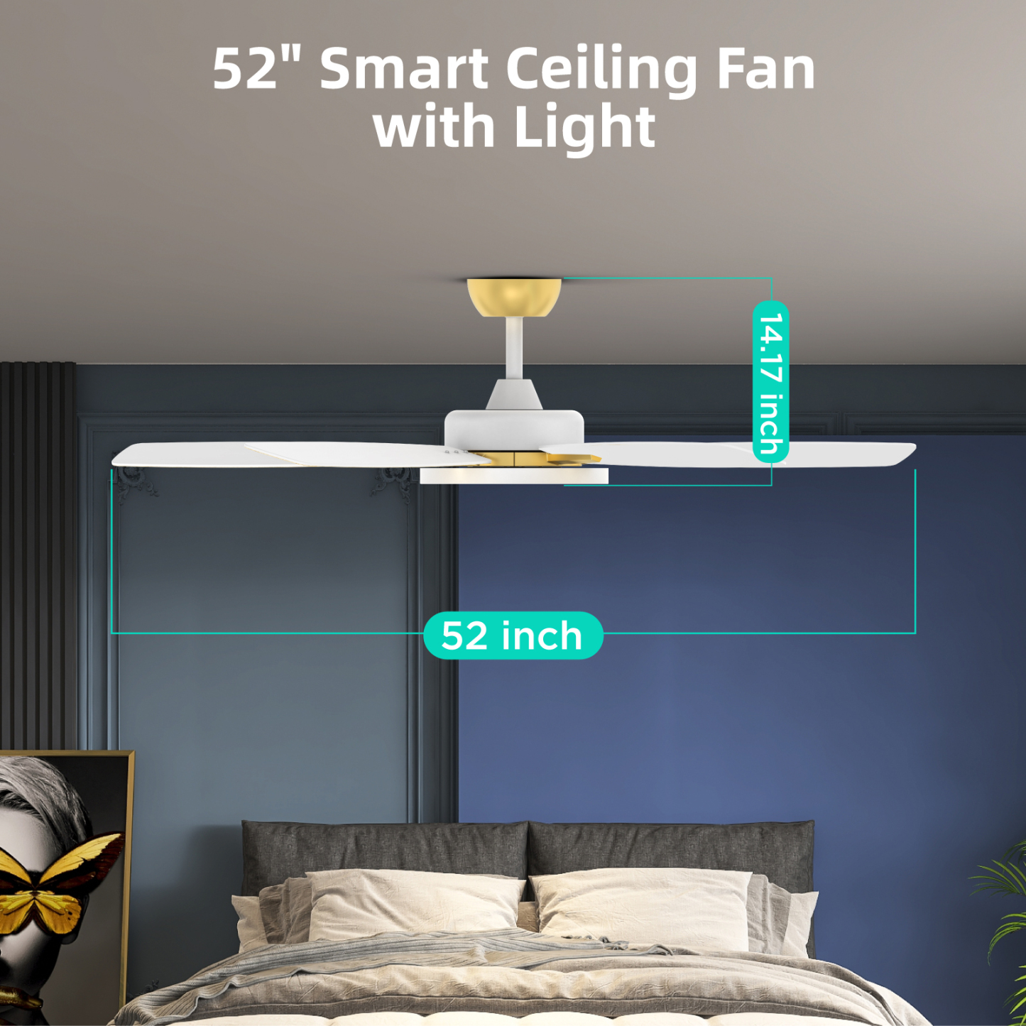  Smart Ceiling Fans with Lights,52 inch,with Dimmable LED Light Compatible with Google Home Alexa App Control(White